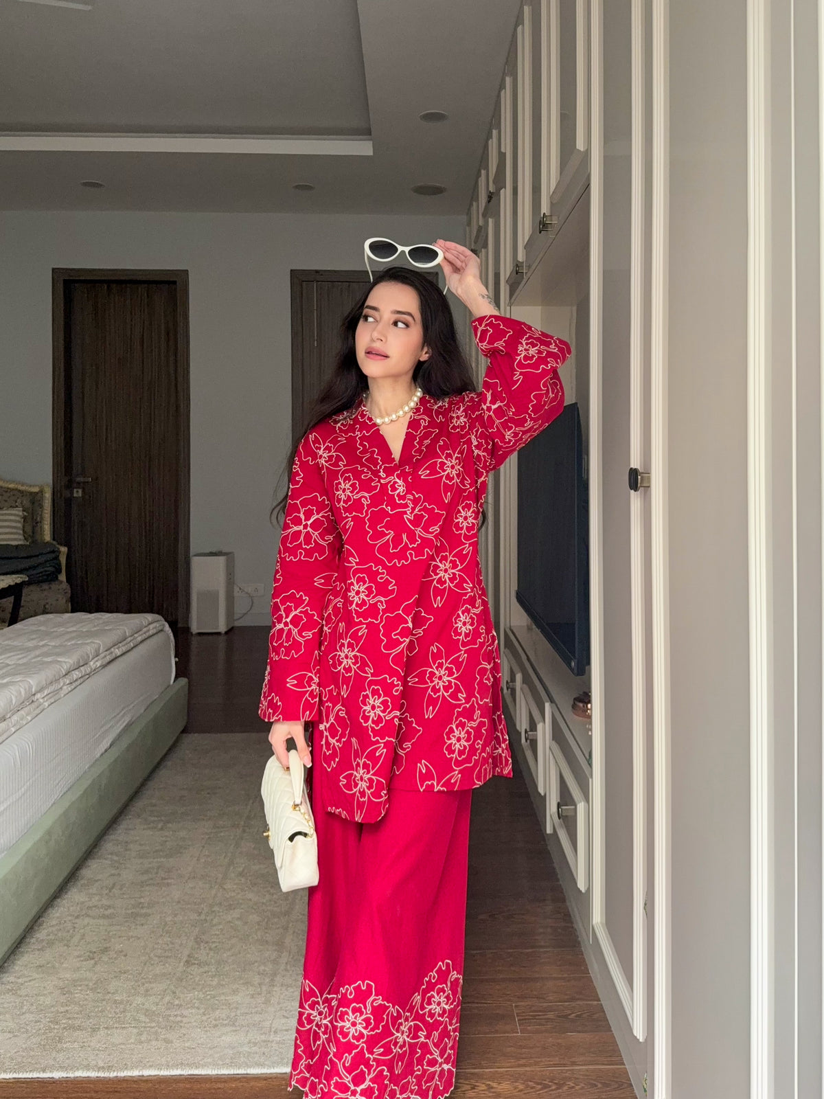 Blush Red Cotton Embroidered Coord Set