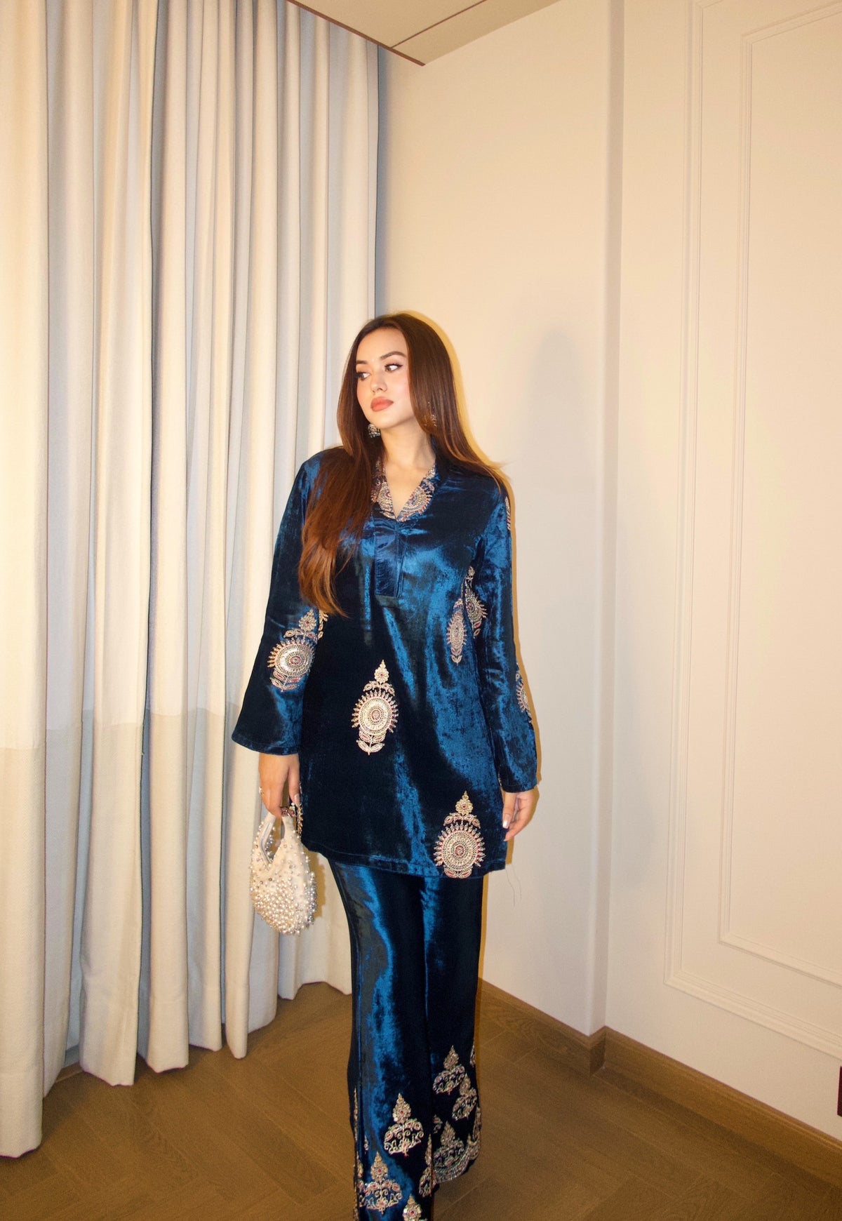 Teal Blue Velvet Embroidered Coord Set