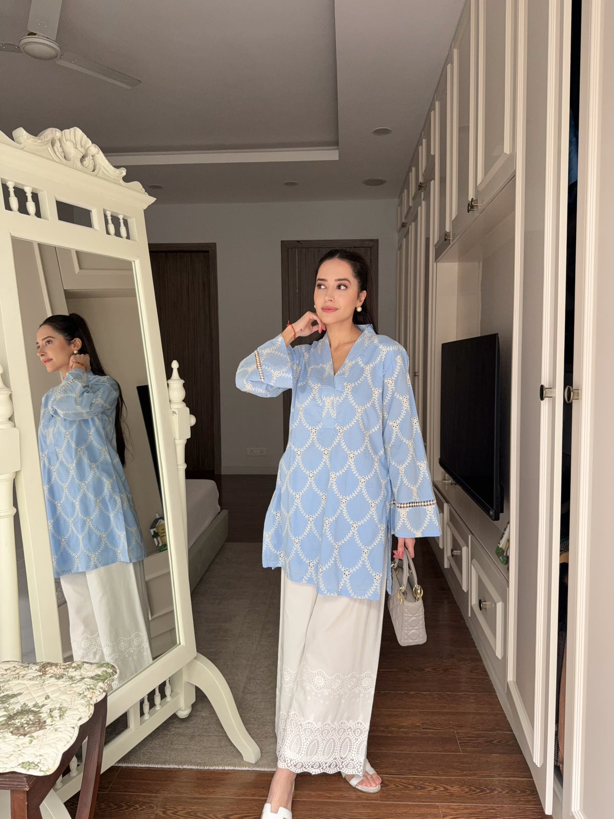 Aqua Blue Cutwork Kurta Coord Set