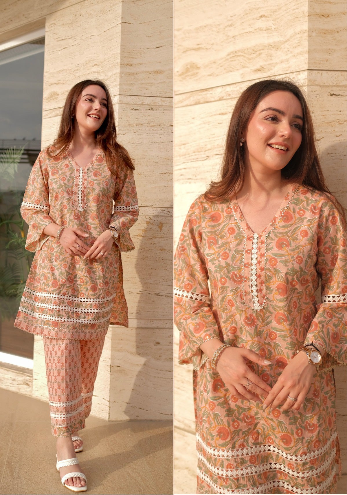 Peach Floral Kurta Pants Suit Set