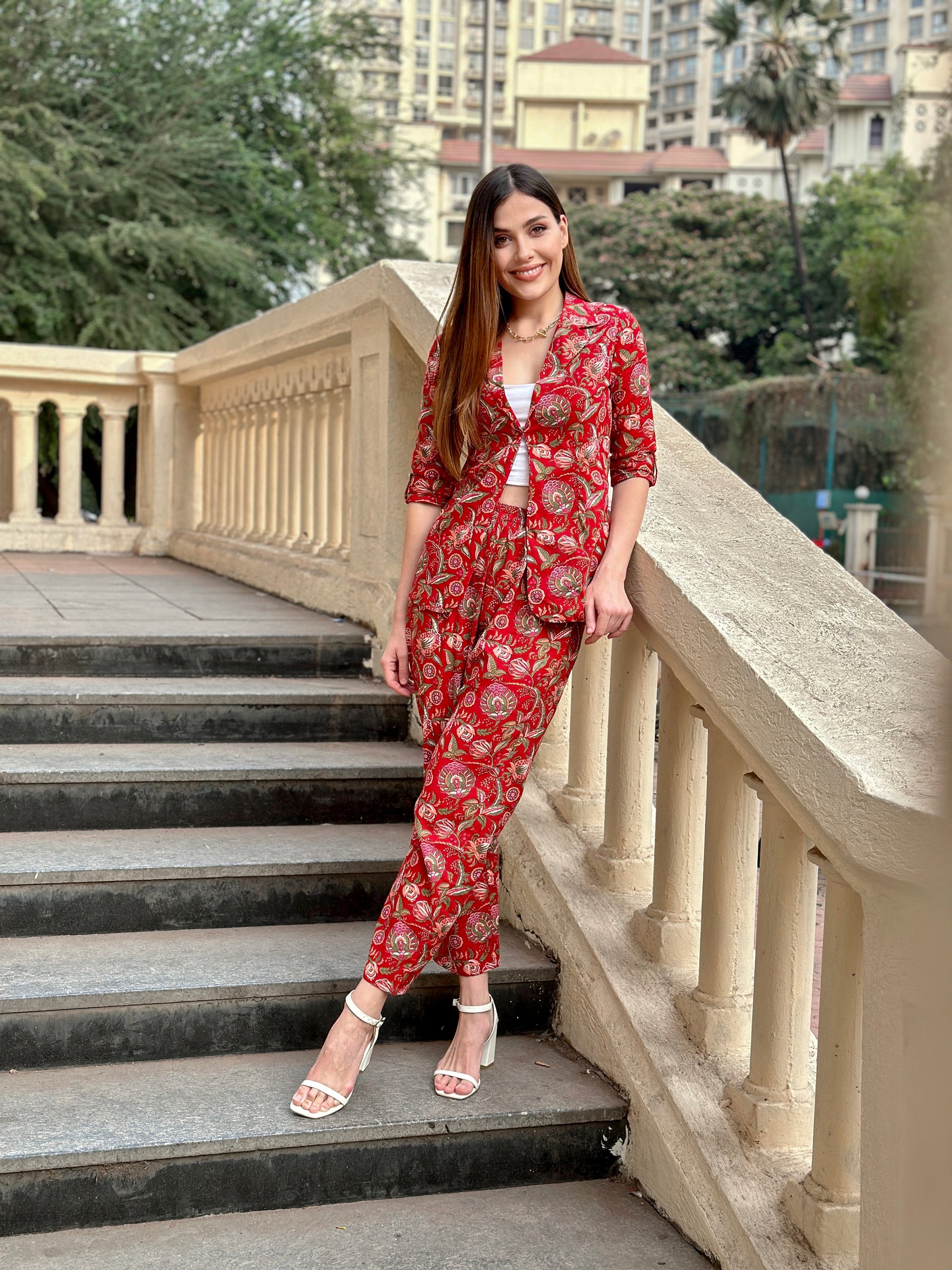 Red Block Printed Coord Set