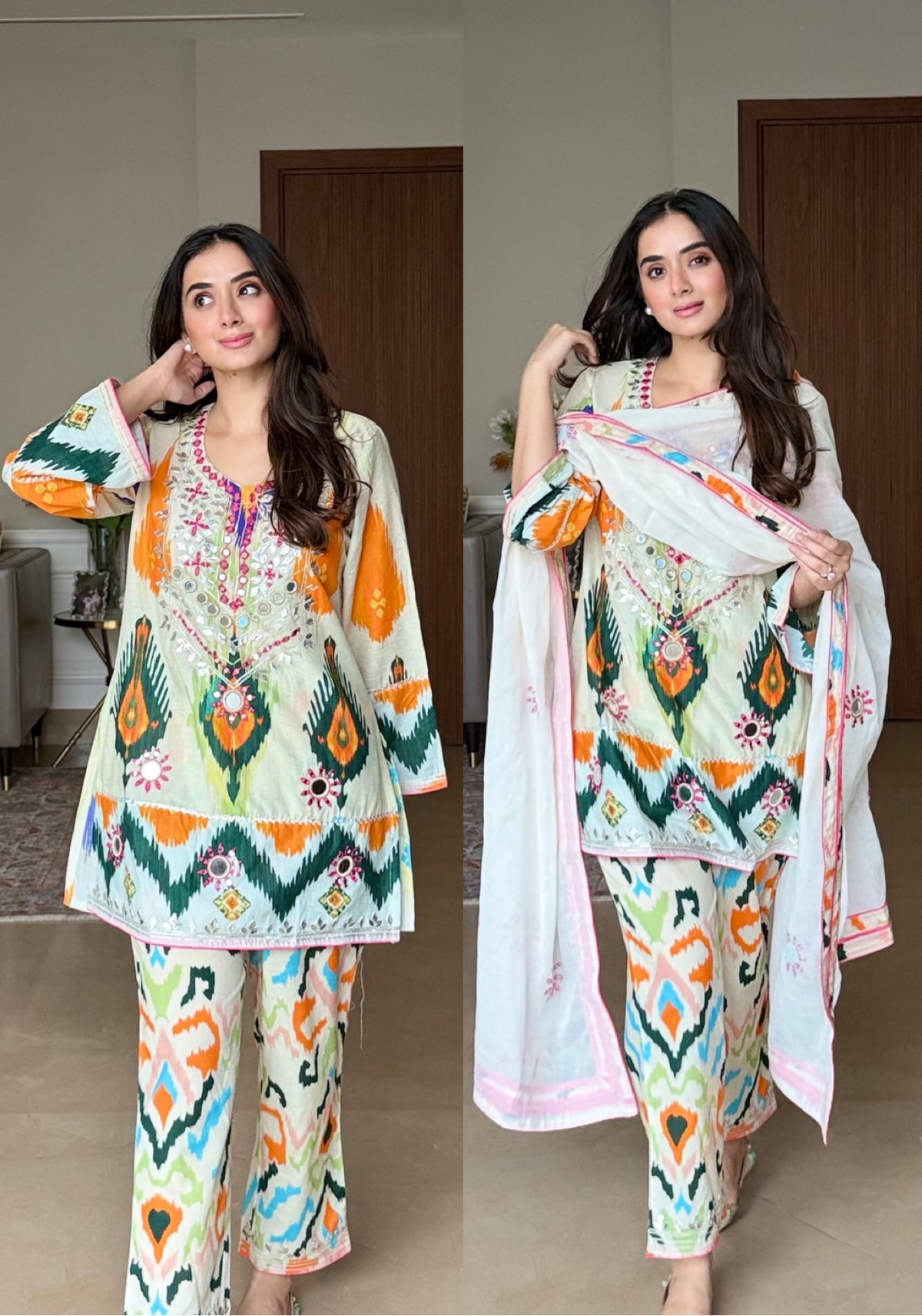 Creamy Beige Printed Mirrorwork Suit Set