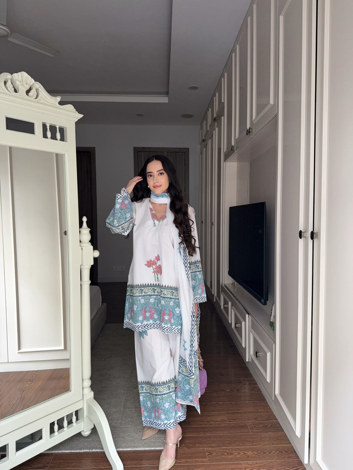 Blue Floral Cotton Suit Set