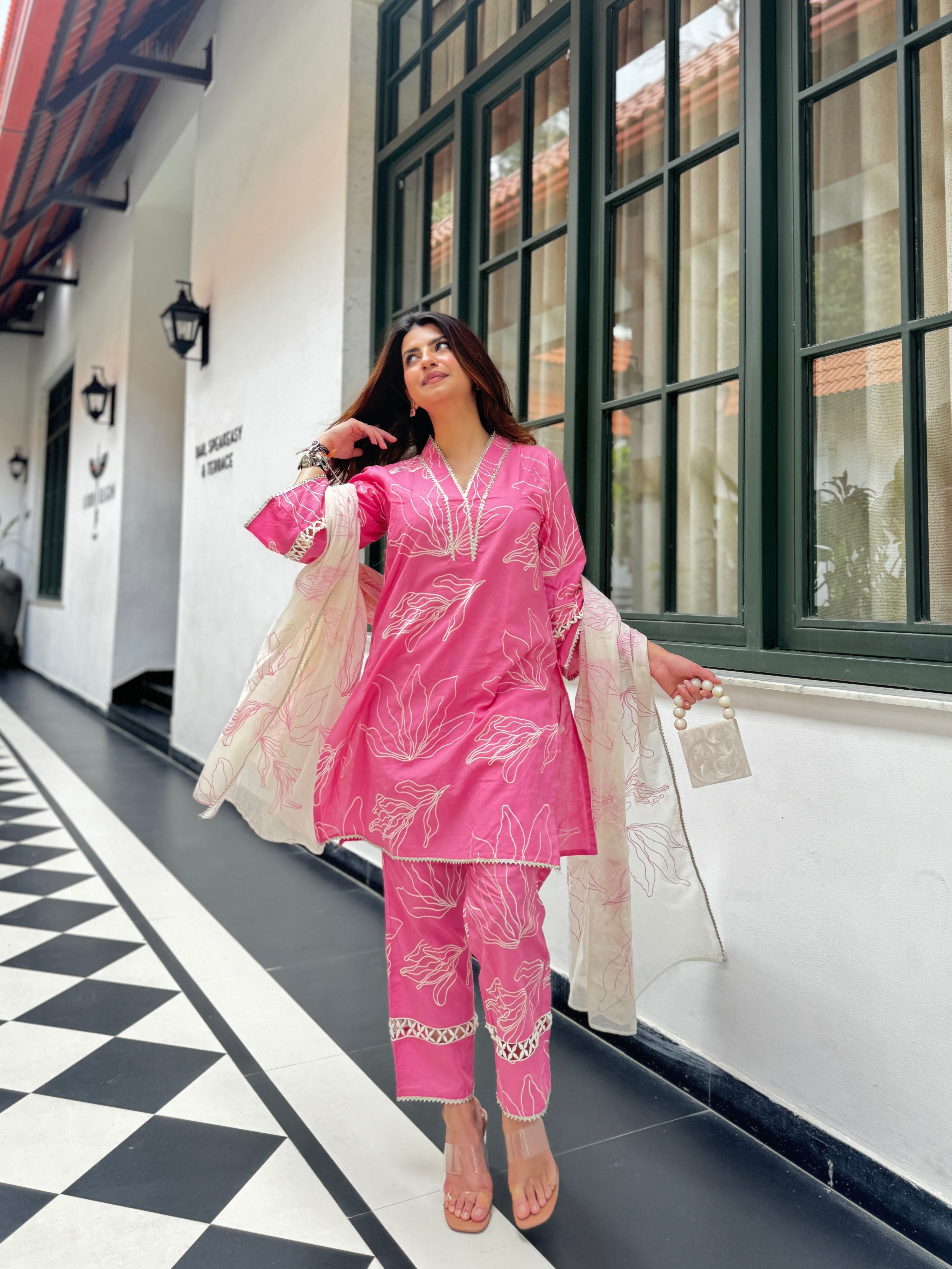 Pink Block Print Embroidery Neck Suit Set