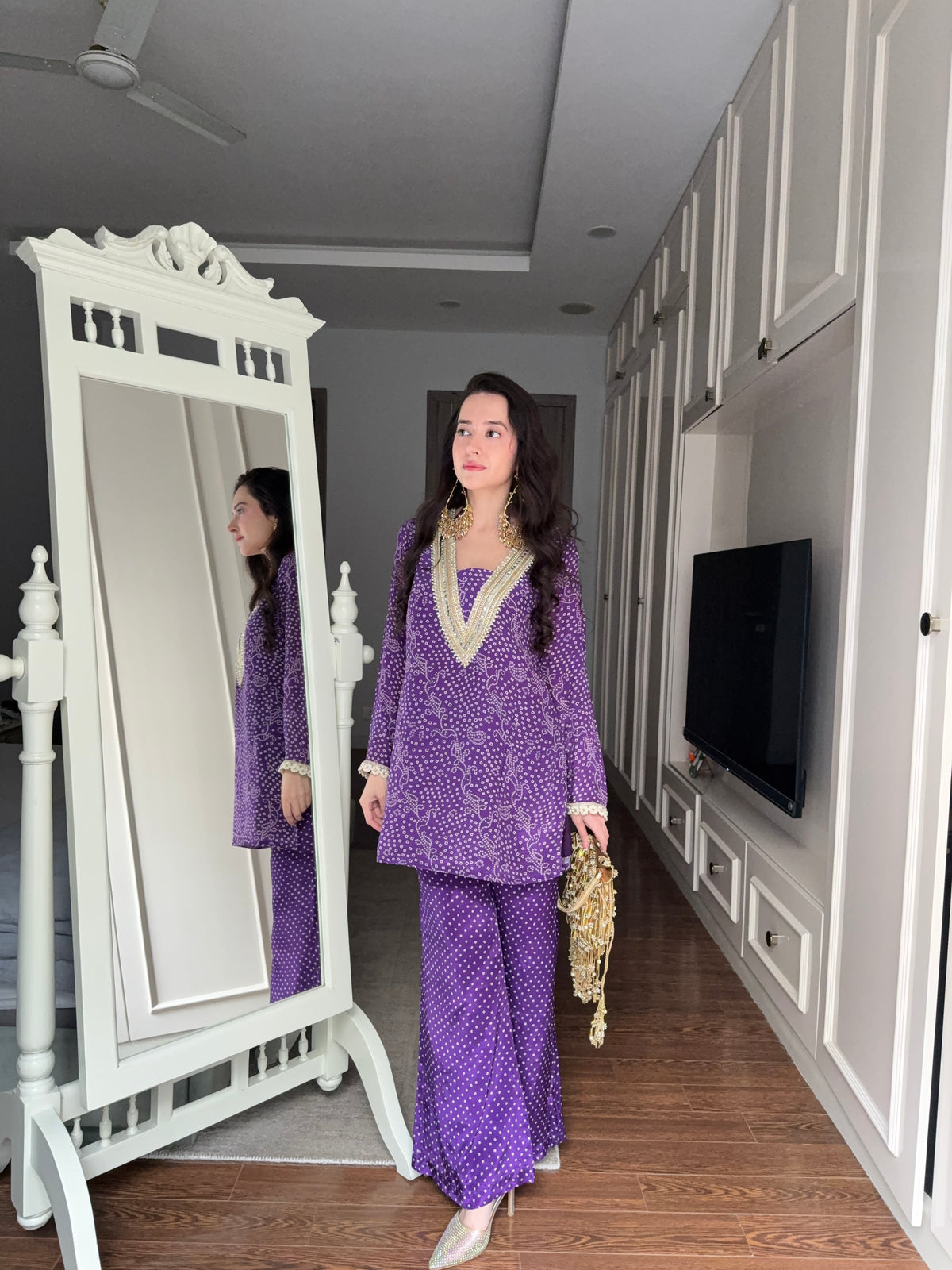 Purple Bandhej Print Coord Set