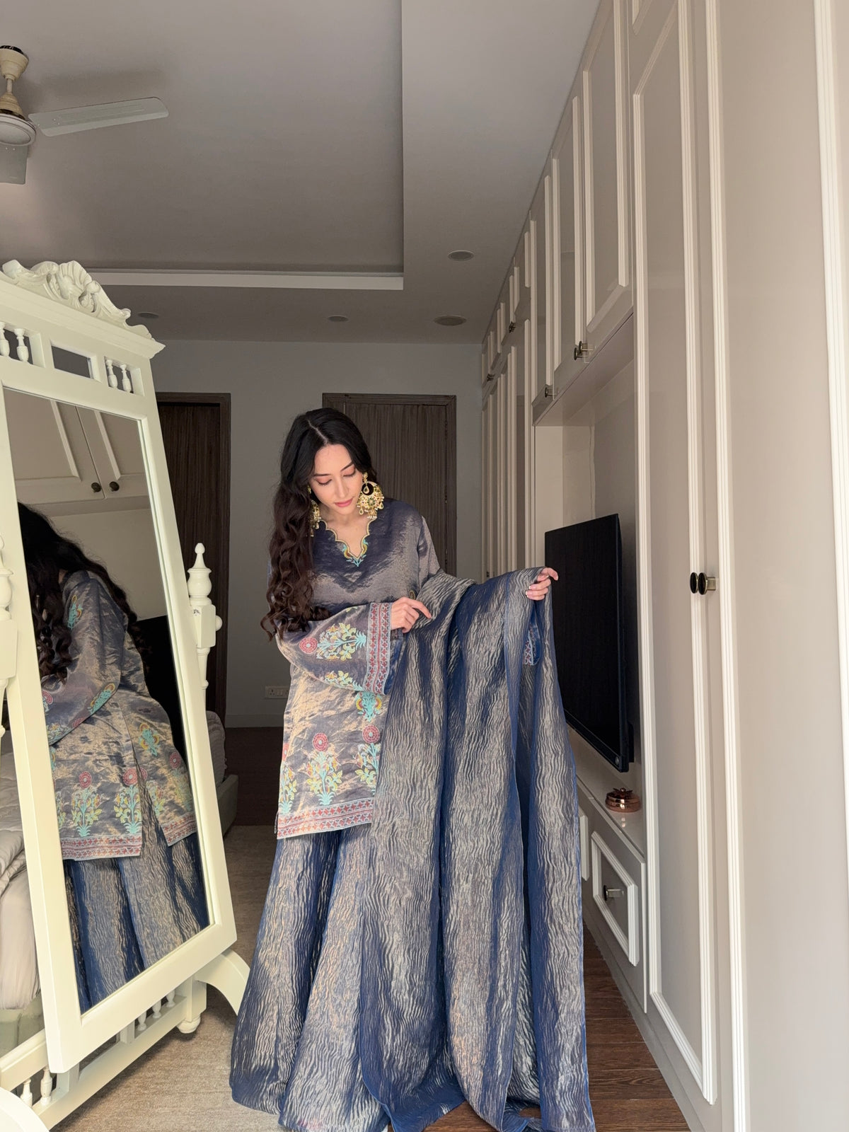 Midnight Blue Tissue Block Print Sharara Set