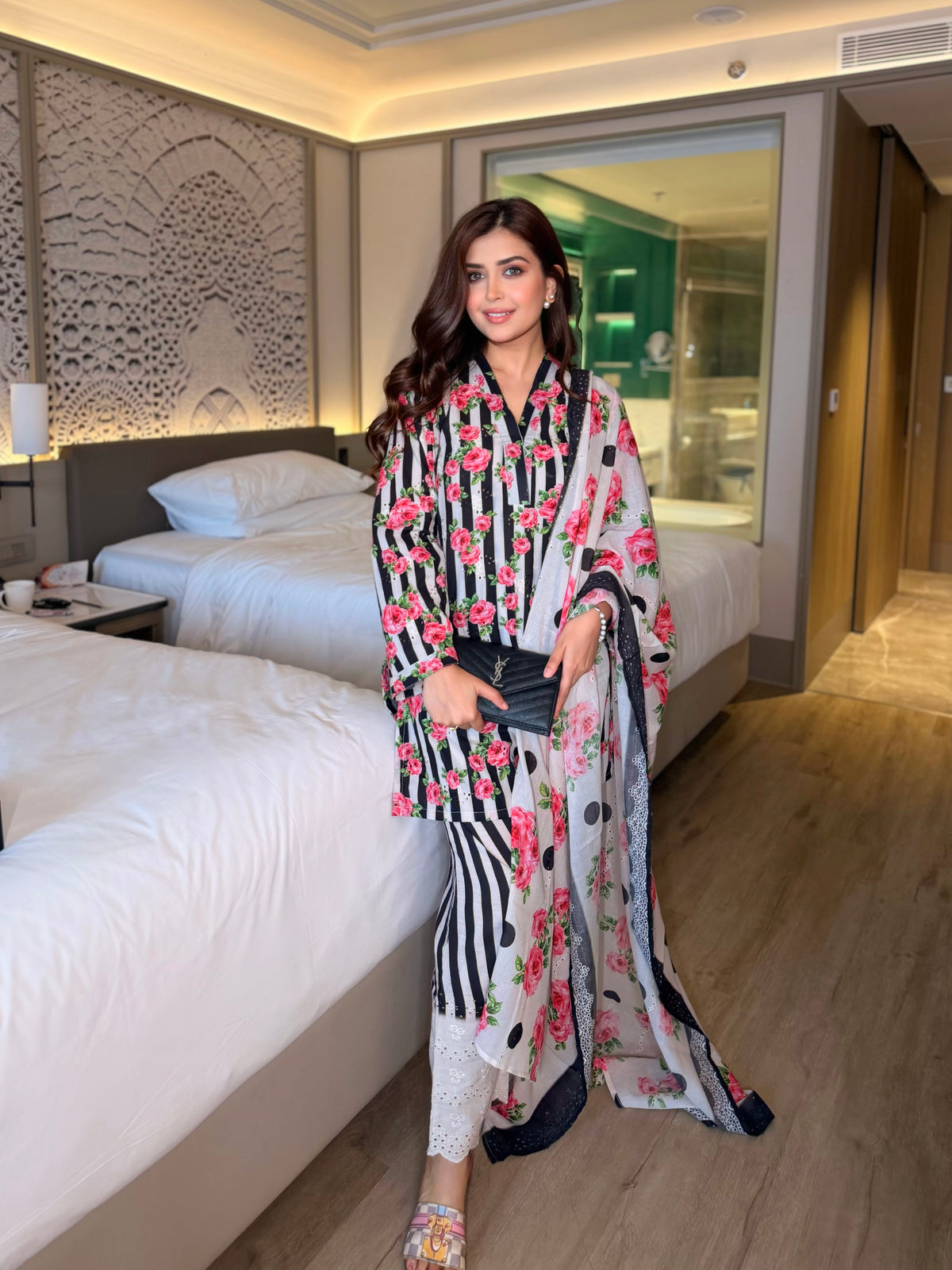 Black Floral Stripe Suit Set
