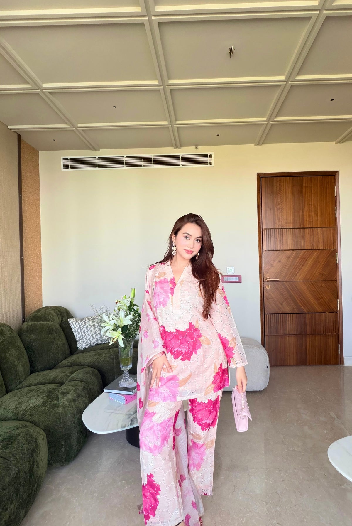 Cream and Pink Floral Suit Set