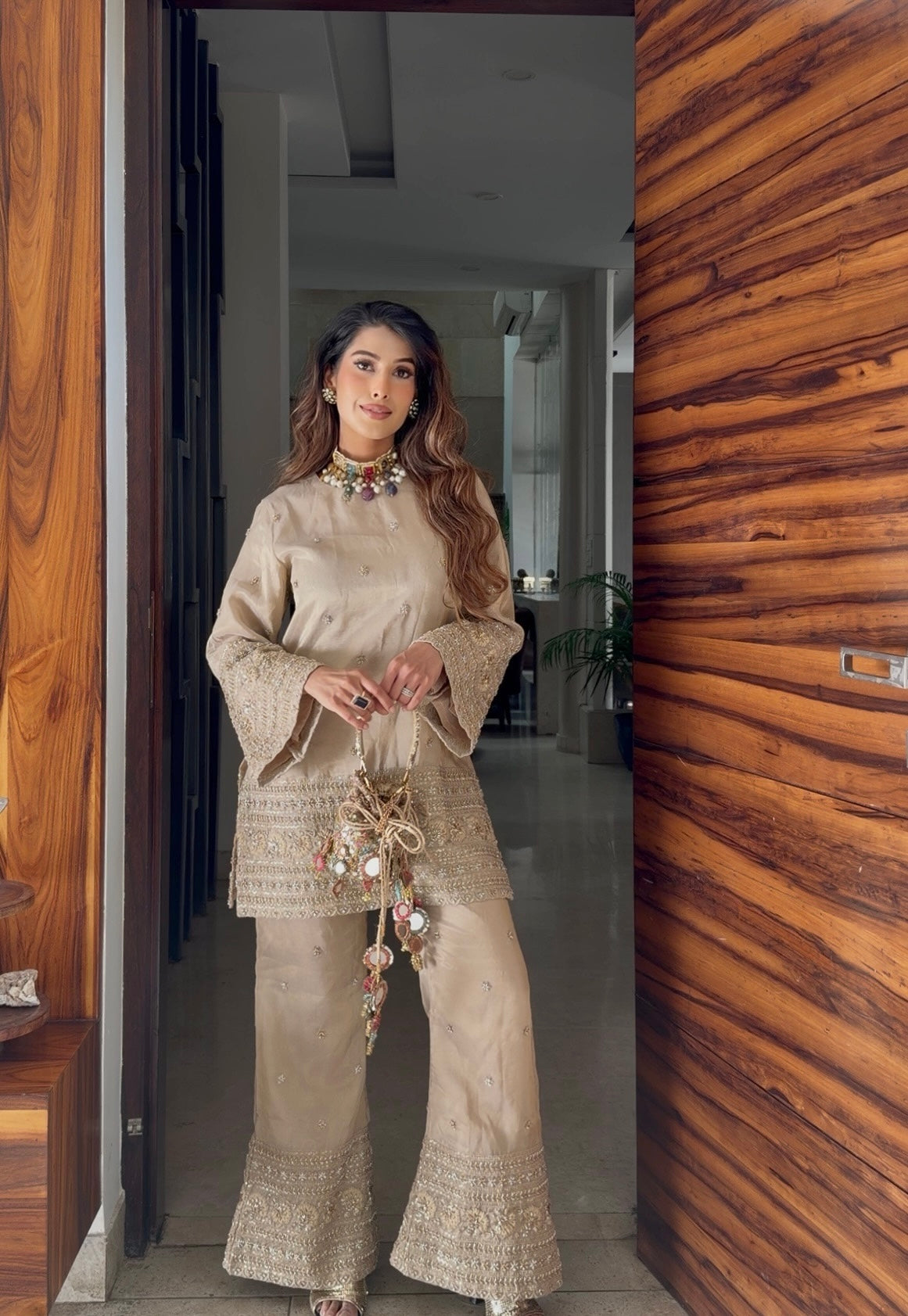 Creamy Beige Beadwork Coord Set