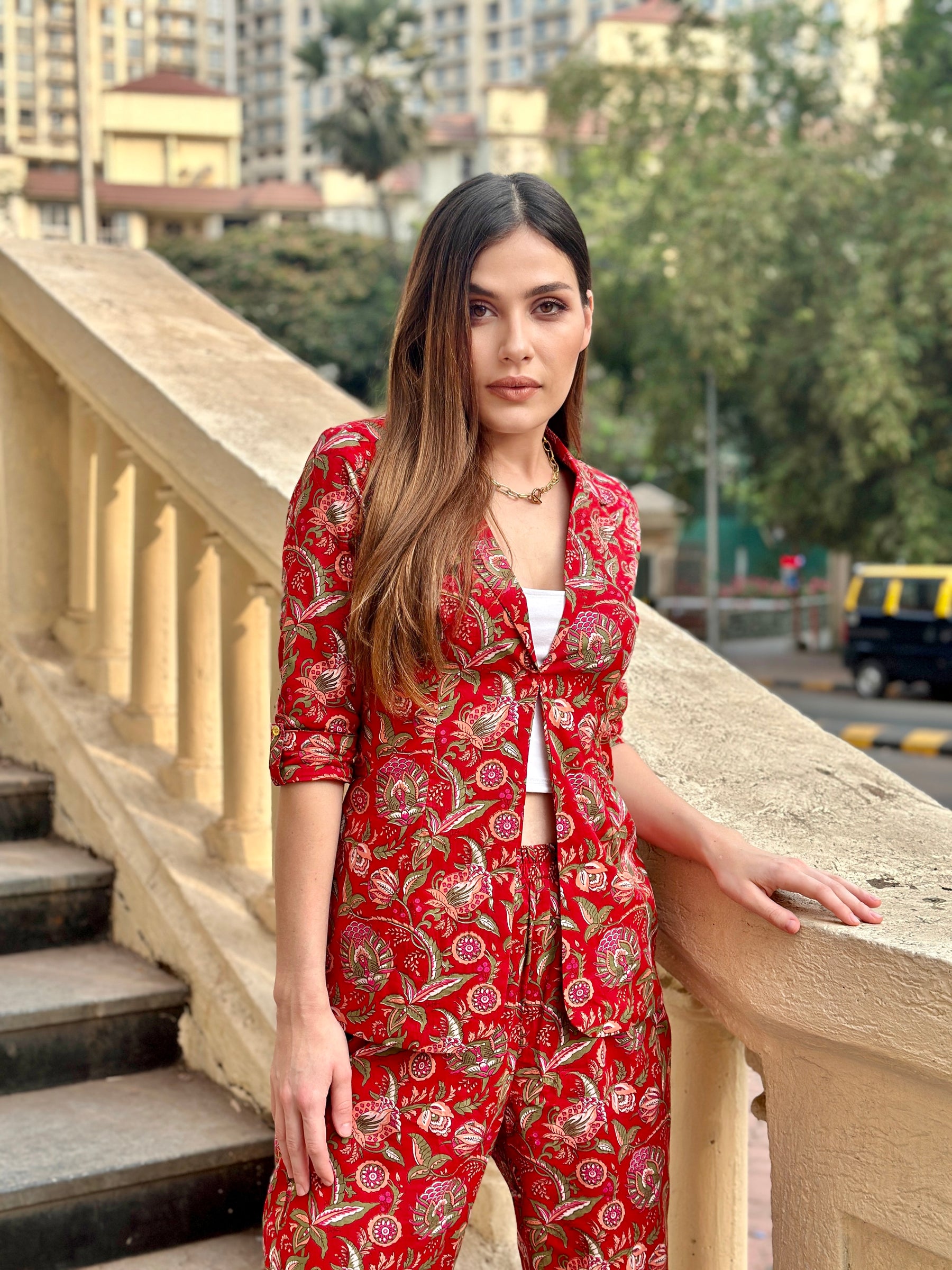 Red Block Printed Coord Set