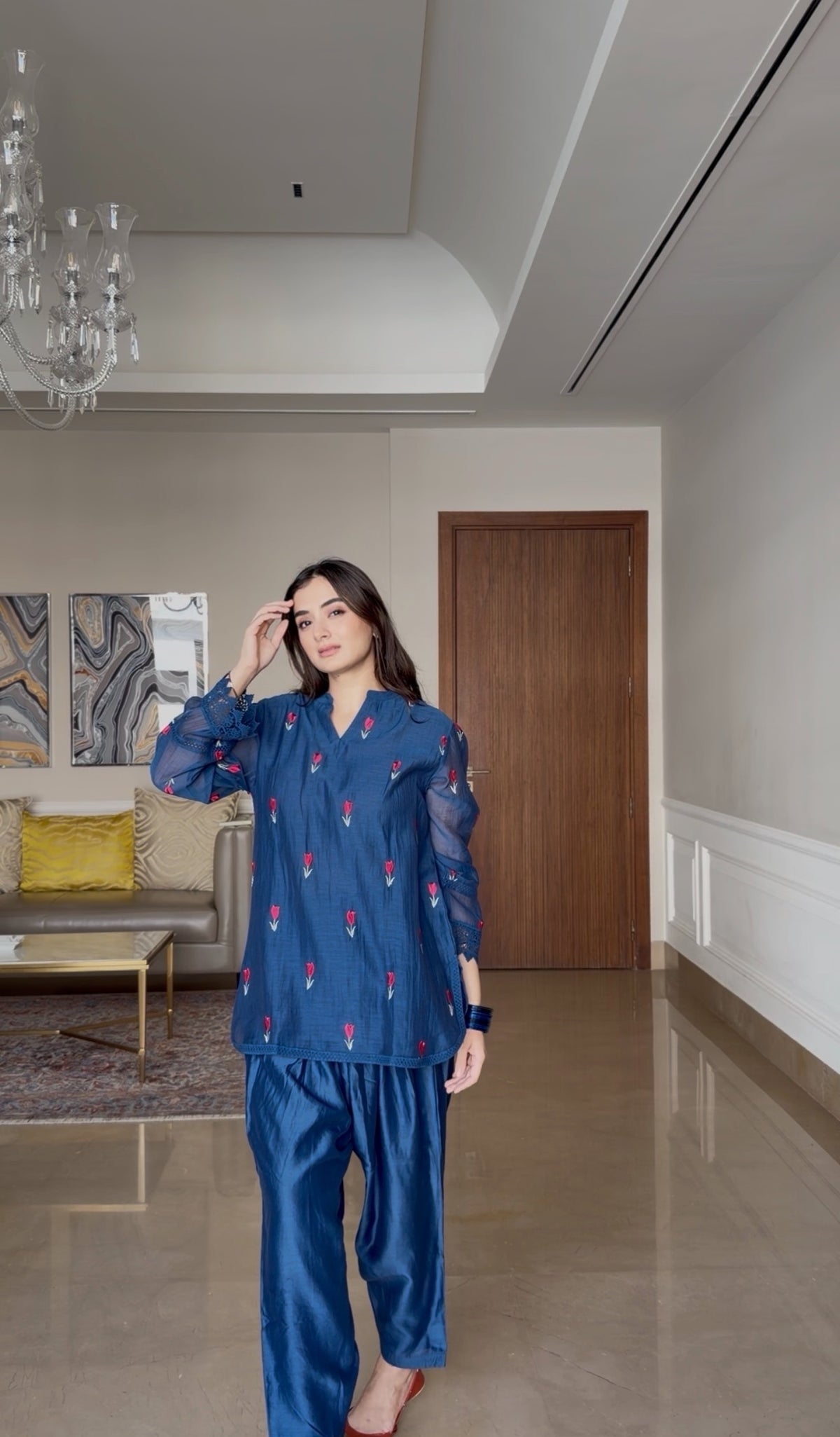 Blue Chanderi Embroidered Kurta Set