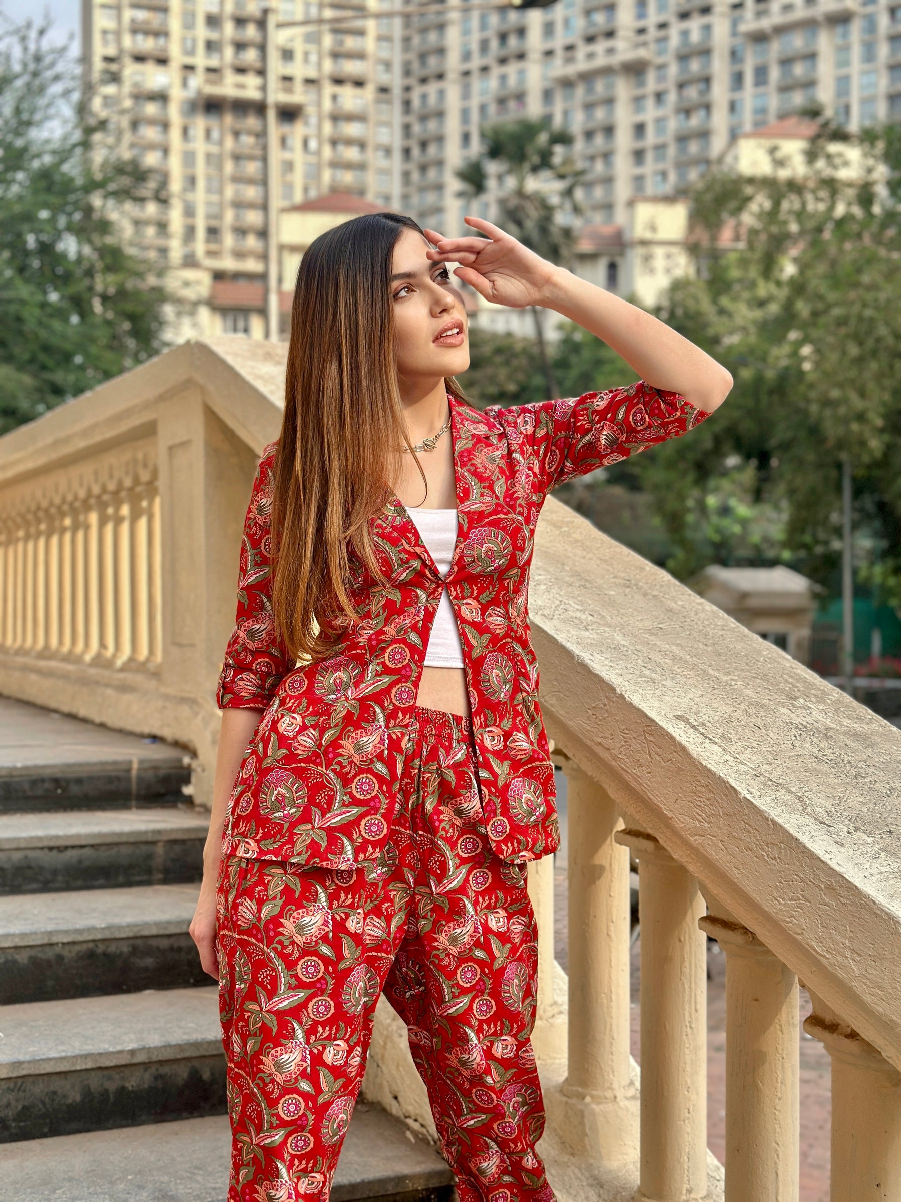 Red Block Printed Coord Set