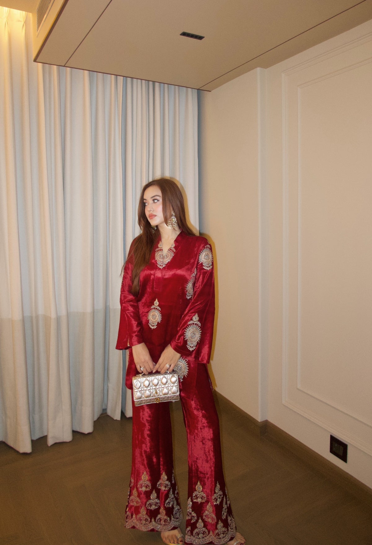 Wine Velvet Embroidered Coord Set