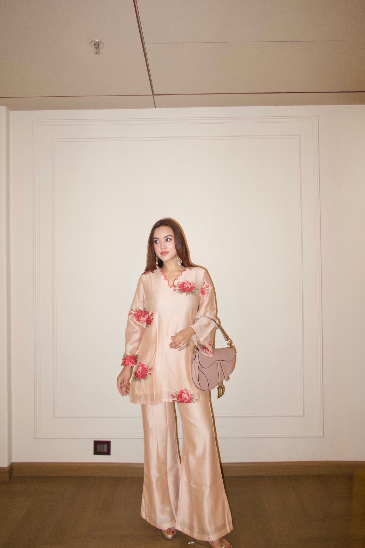 Peach Embroidered Floral Coord Set