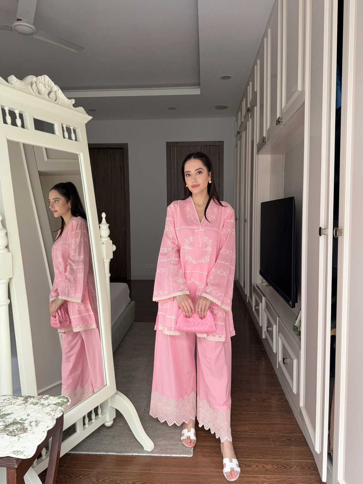 Soft Pink Embroidered Cutwork Coord Set