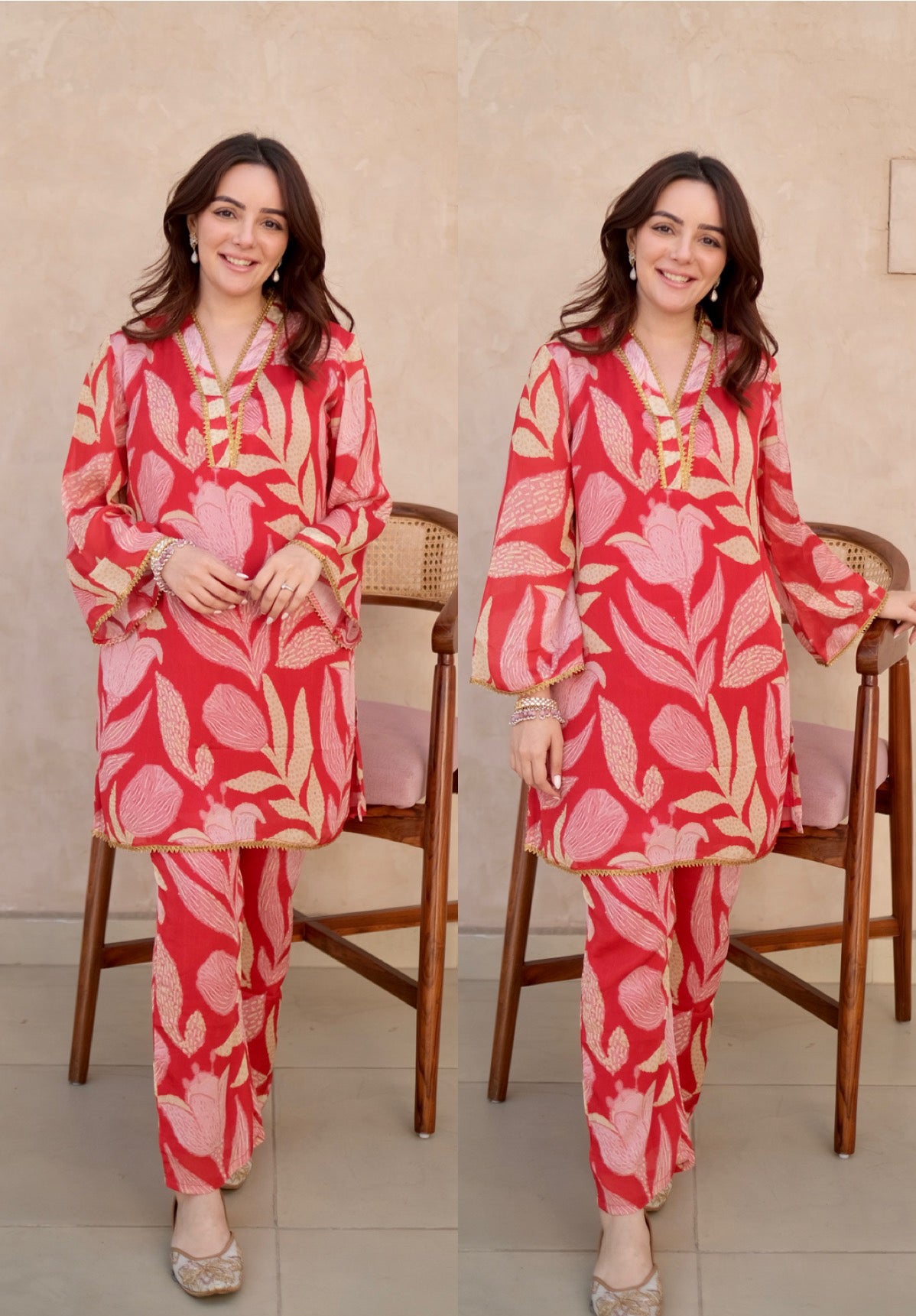 Red Floral Kurta Pants Suit Set