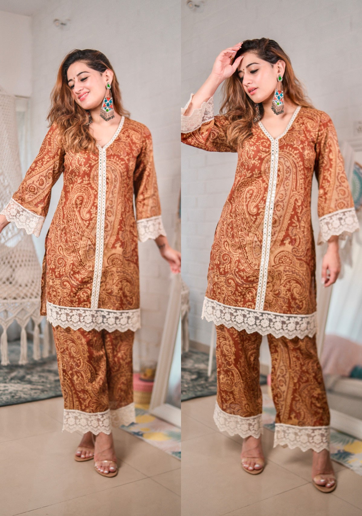 Brown Paisley Kurta Pants Set