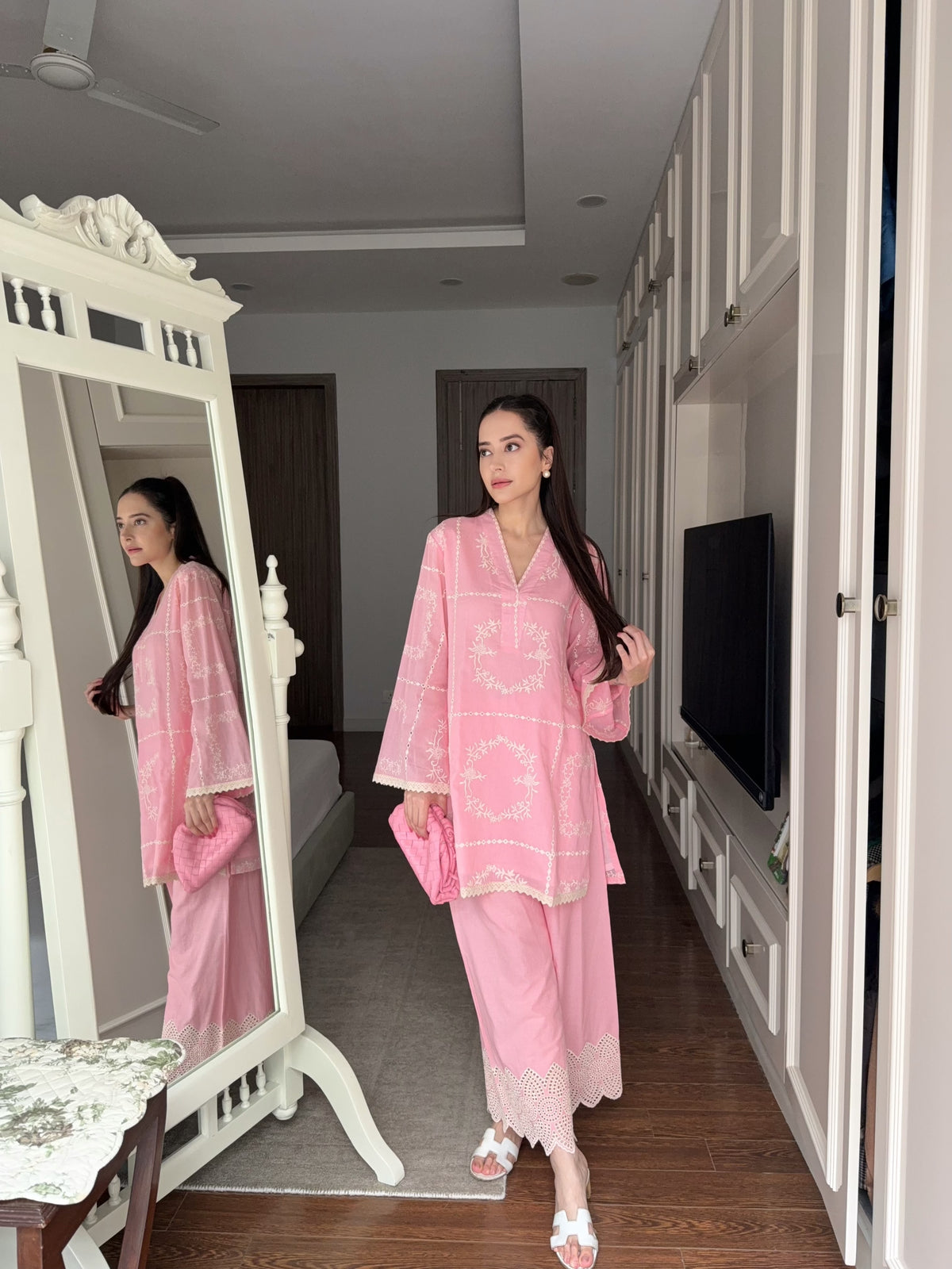 Soft Pink Embroidered Cutwork Coord Set