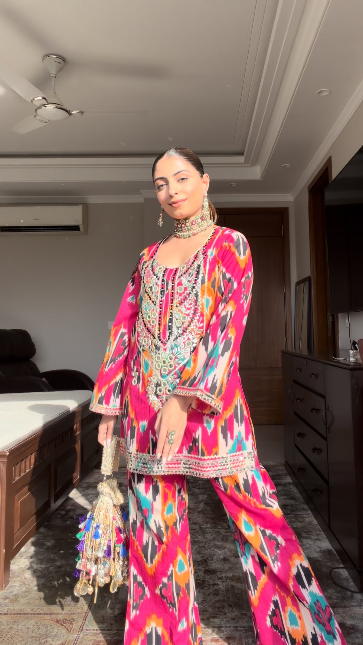 Pink Block Mirrorwork Coord Set