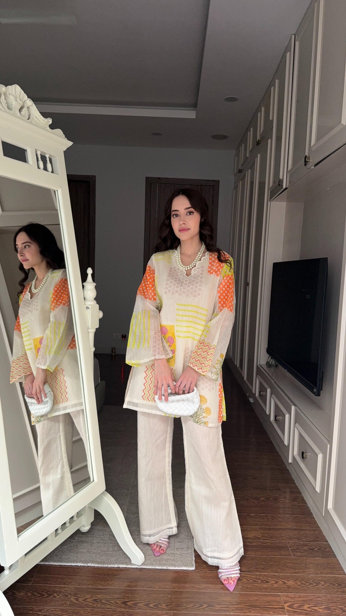 Creamy Pastel Block Print Chanderi Coord Set