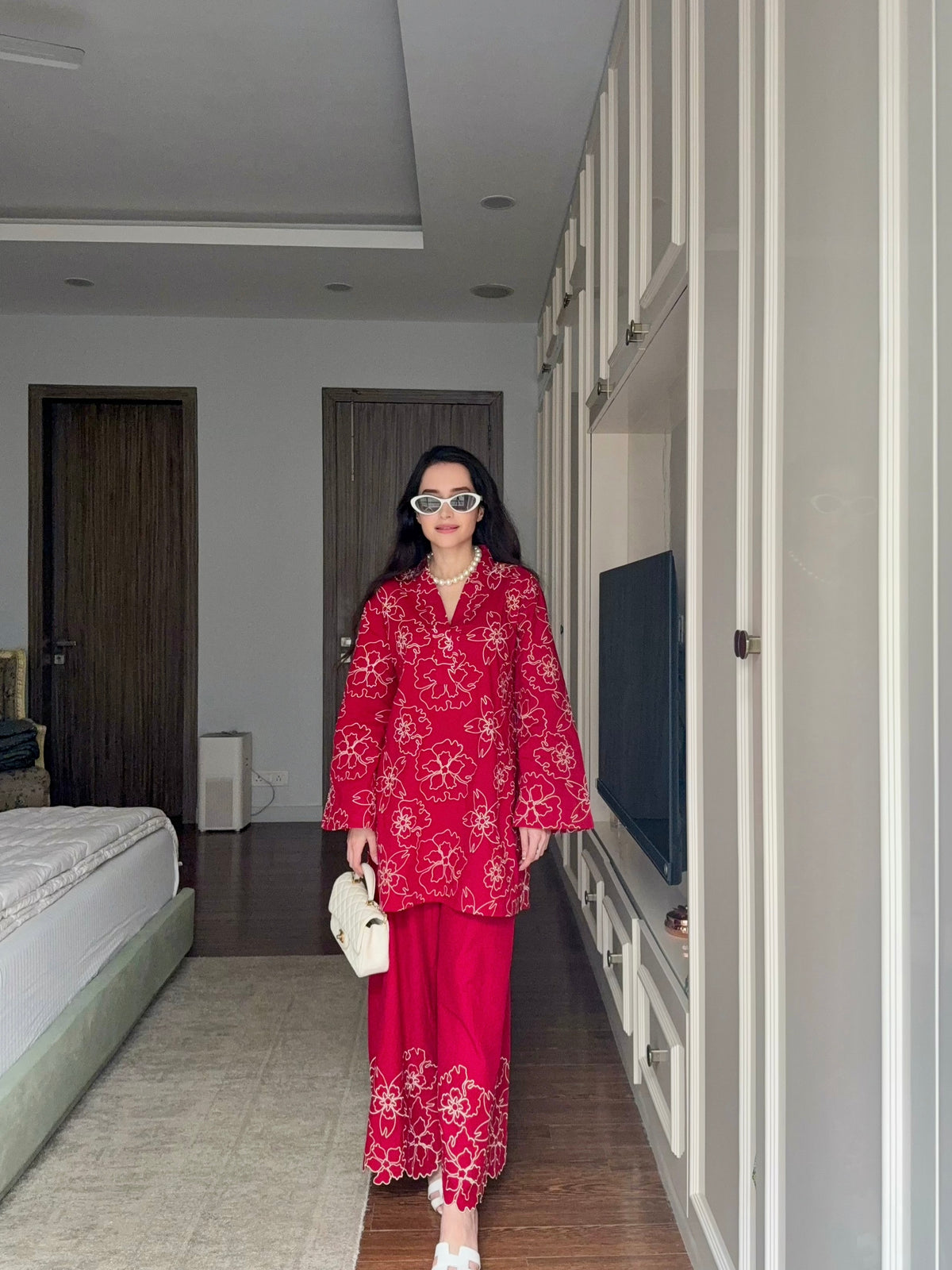 Blush Red Cotton Embroidered Coord Set