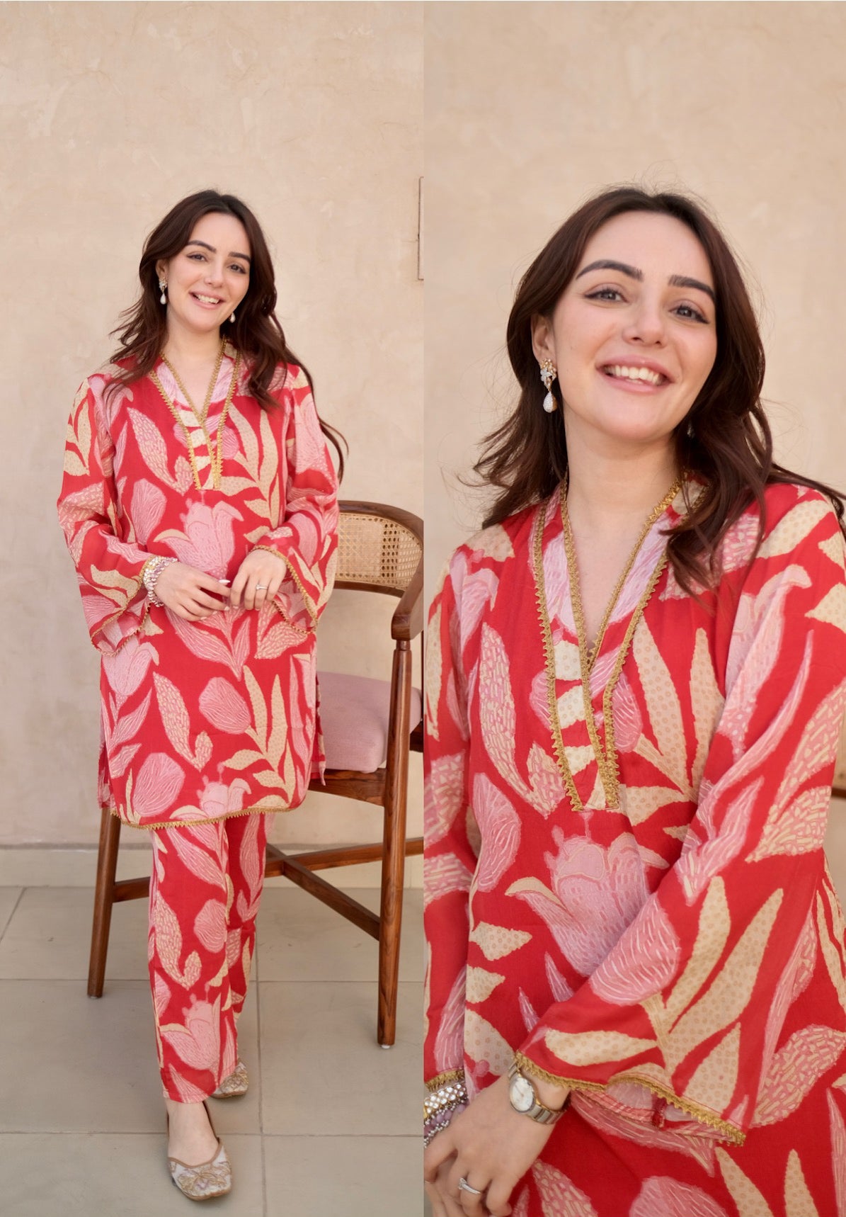 Ramina🌸 | Bold Red Floral Kurta Pant Set – Beaded Hem and Sleeves