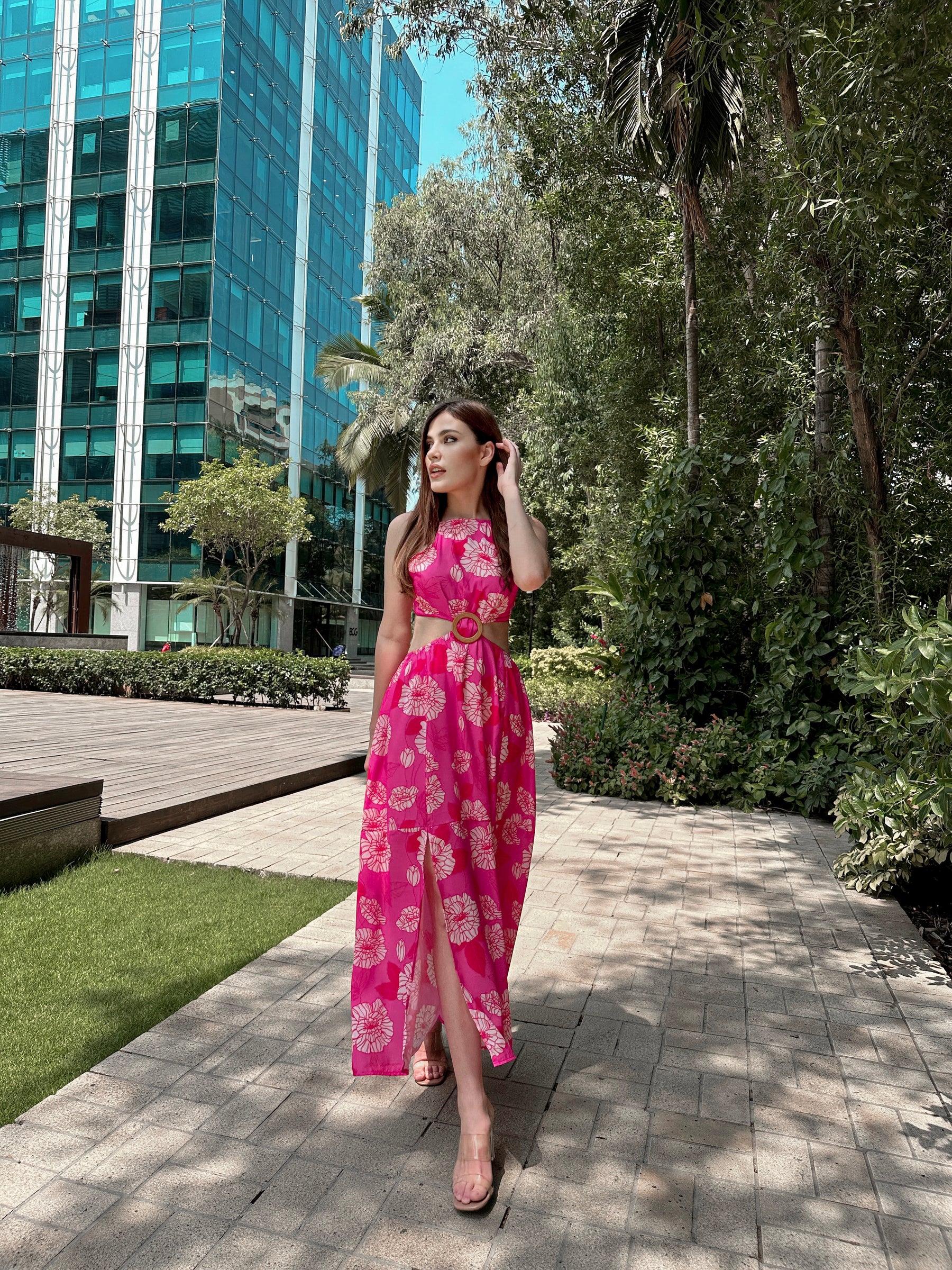 Pink Floral Beach Tie Up Back Dress