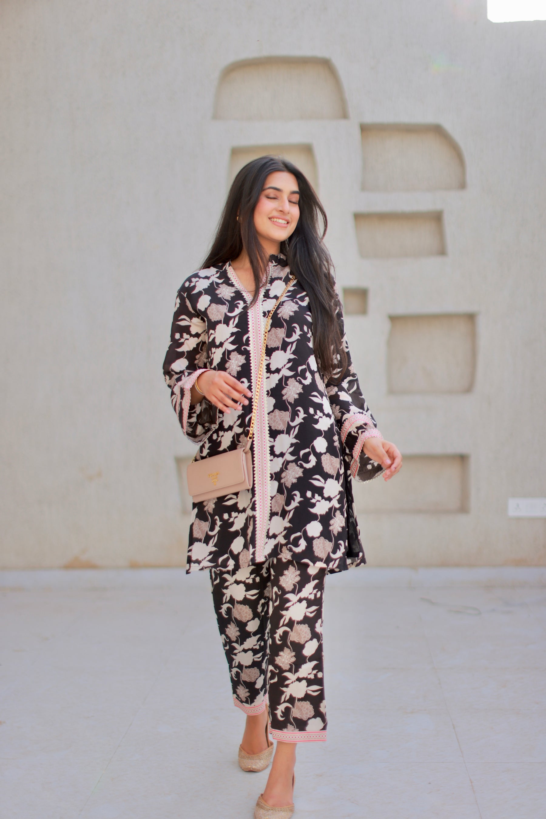 Black Floral Printed Crepe Coord Set