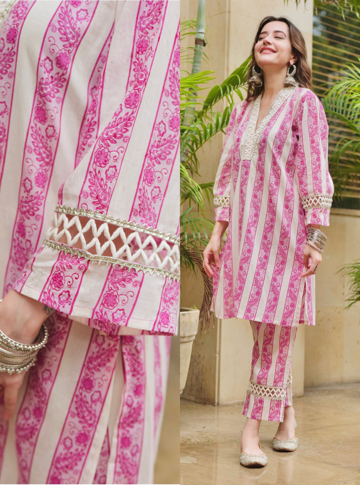 Pink Striped Kurta Pants Set