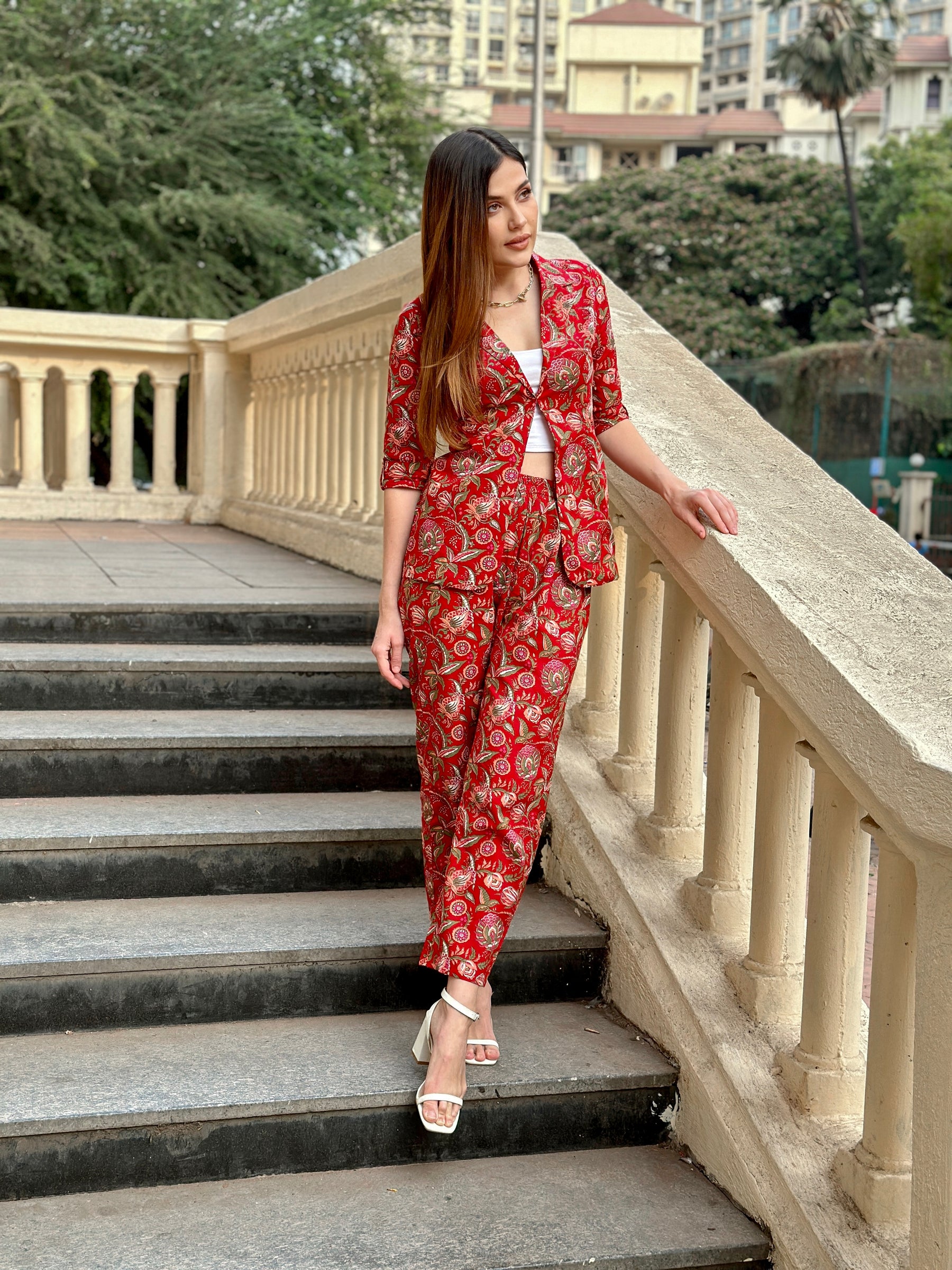 Red Block Printed Coord Set