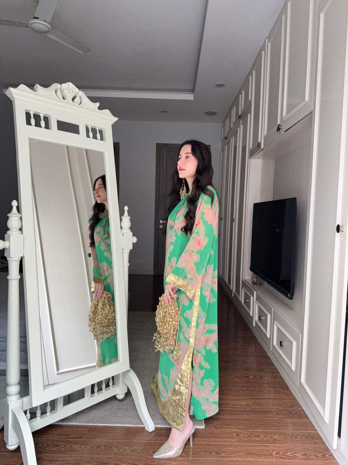 Green Floral Print Gota Kaftan Dress