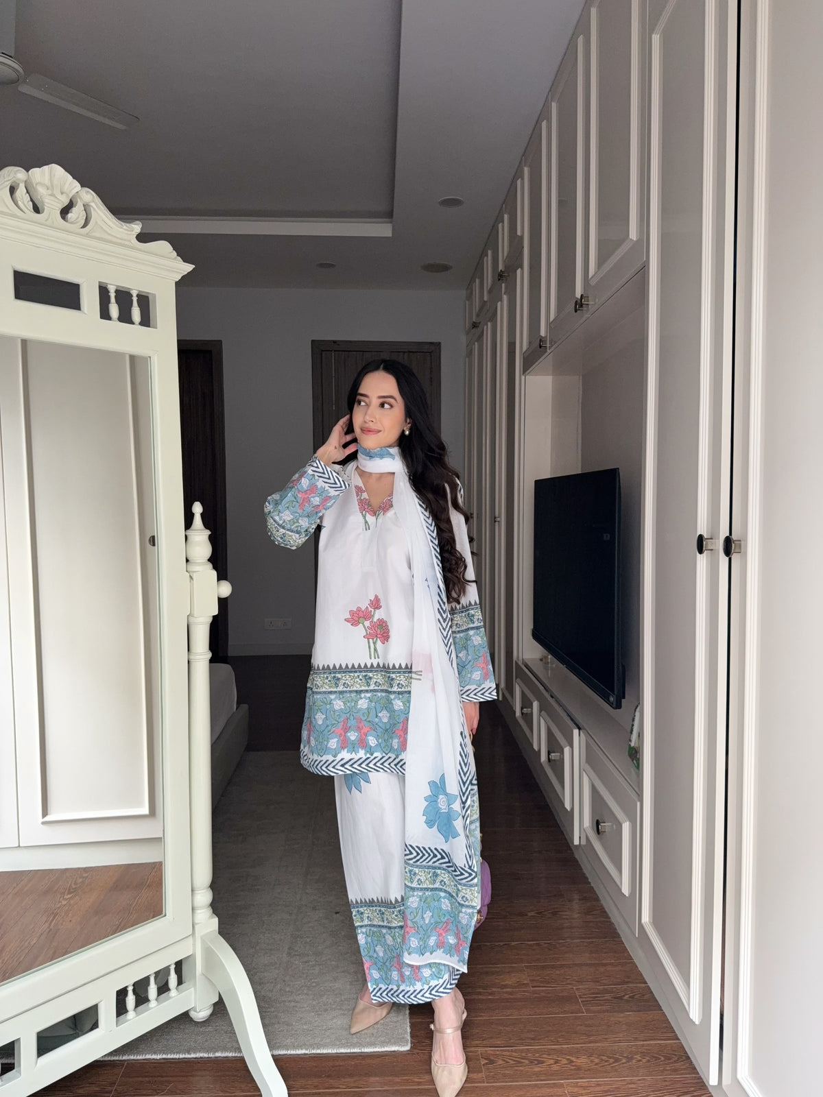 Blue Floral Cotton Suit Set