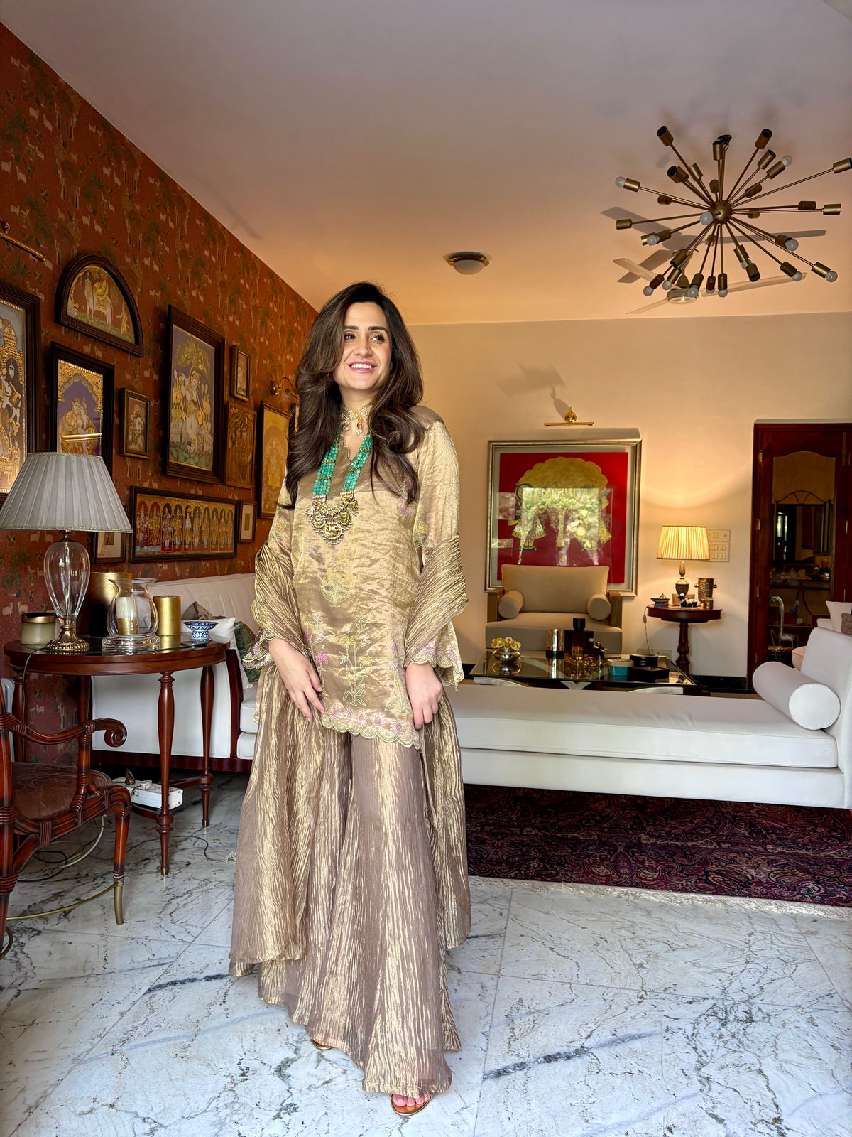 Gold Tissue Block Print Sharara Set