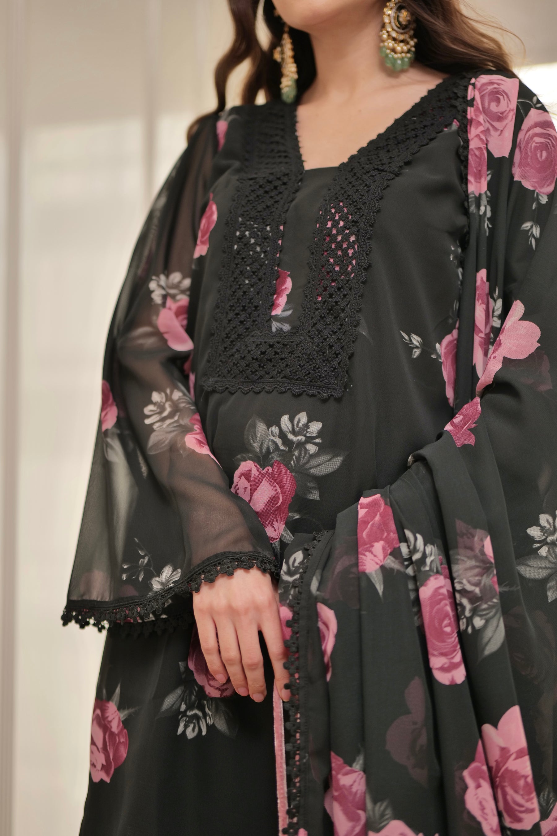 Black Floral Printed Suit Set