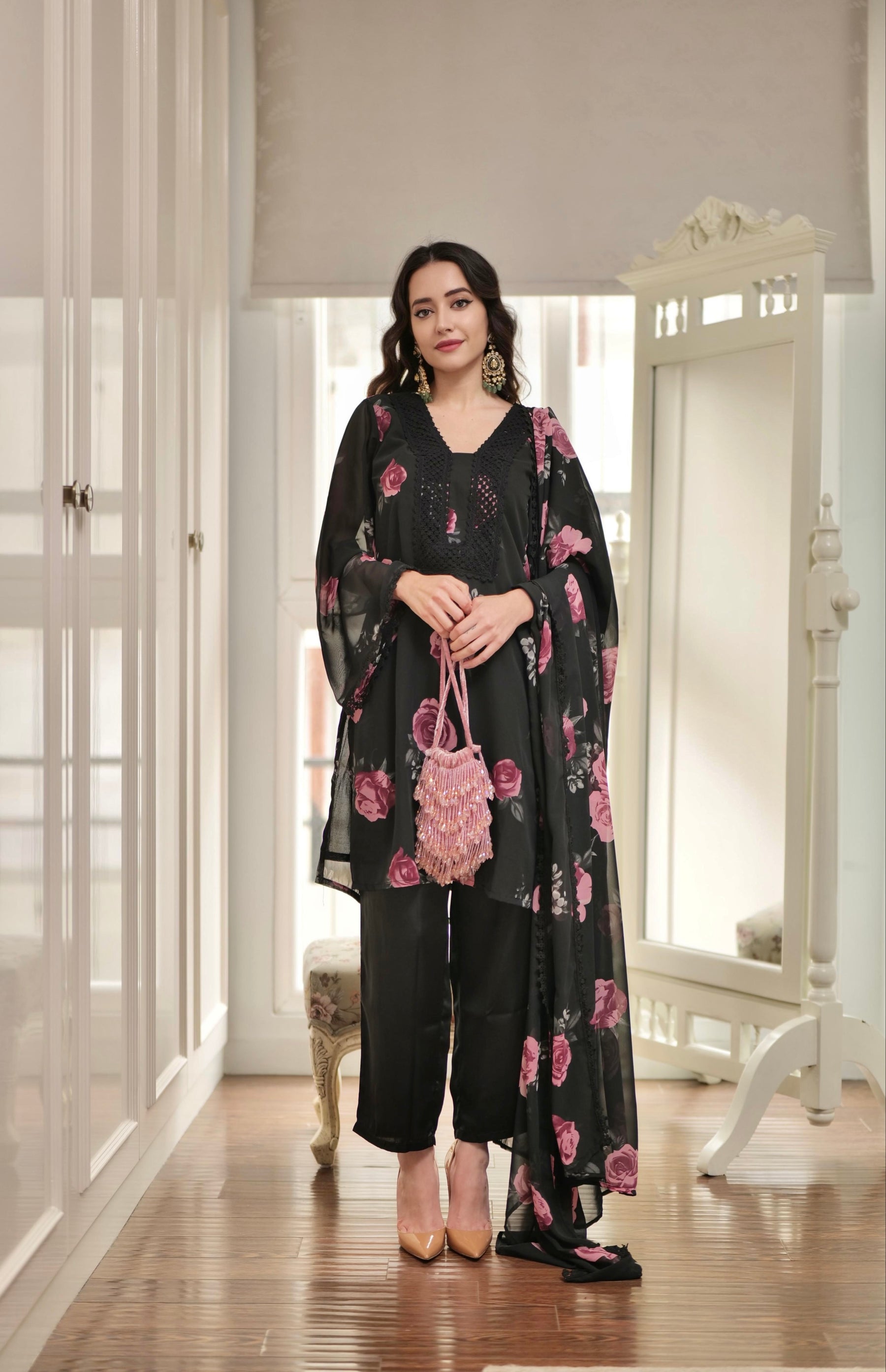 Black Floral Printed Suit Set