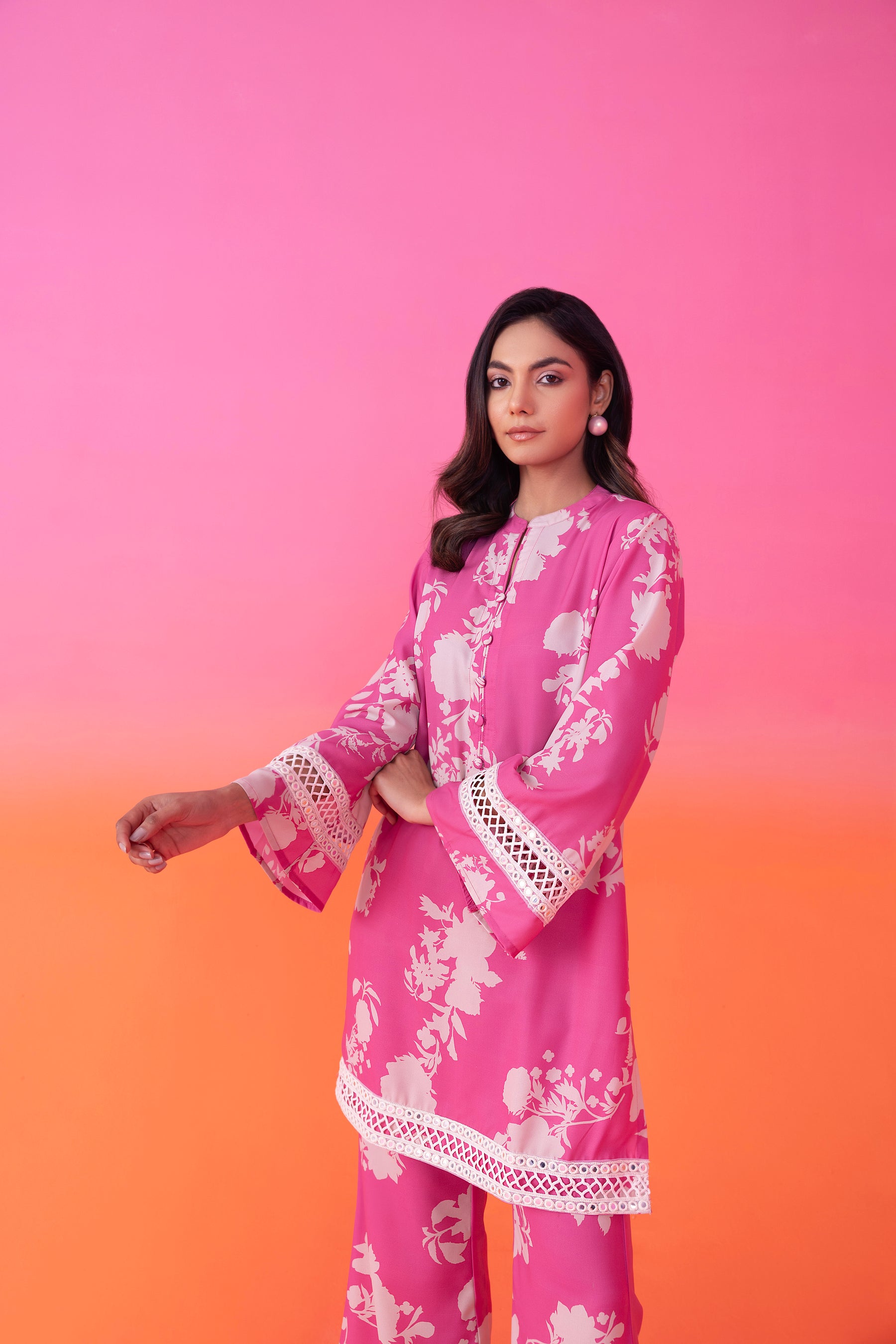 Pink Floral Print Three Piece Suit Set