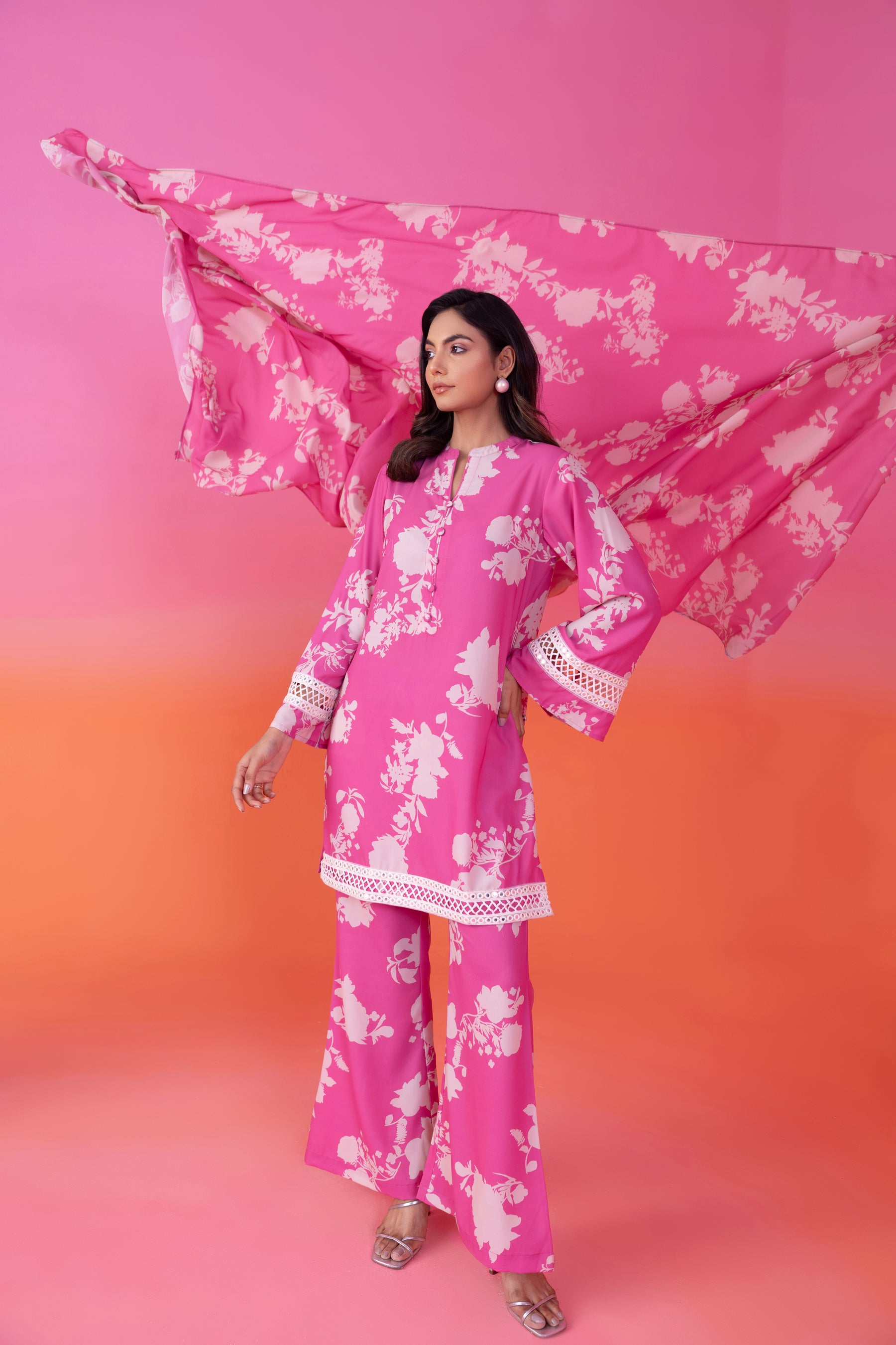 Pink Floral Print Three Piece Suit Set