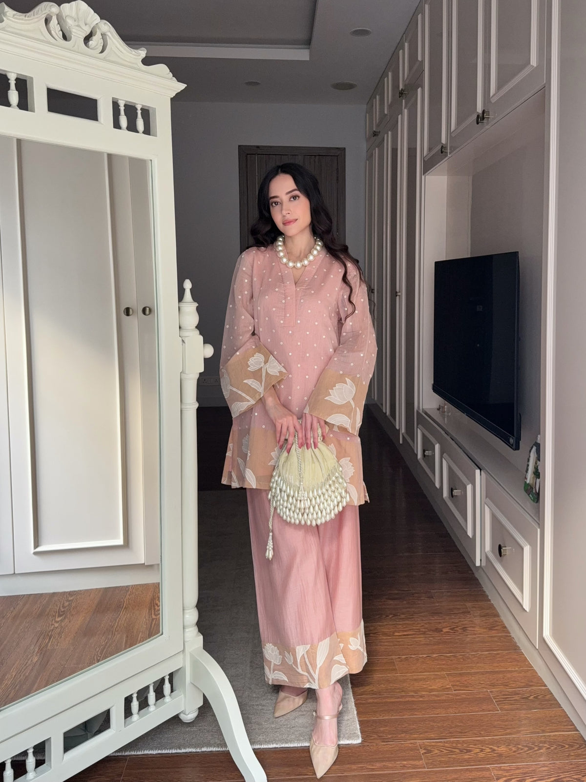 Pink Blossom Chanderi Mirrorwork Coord Set