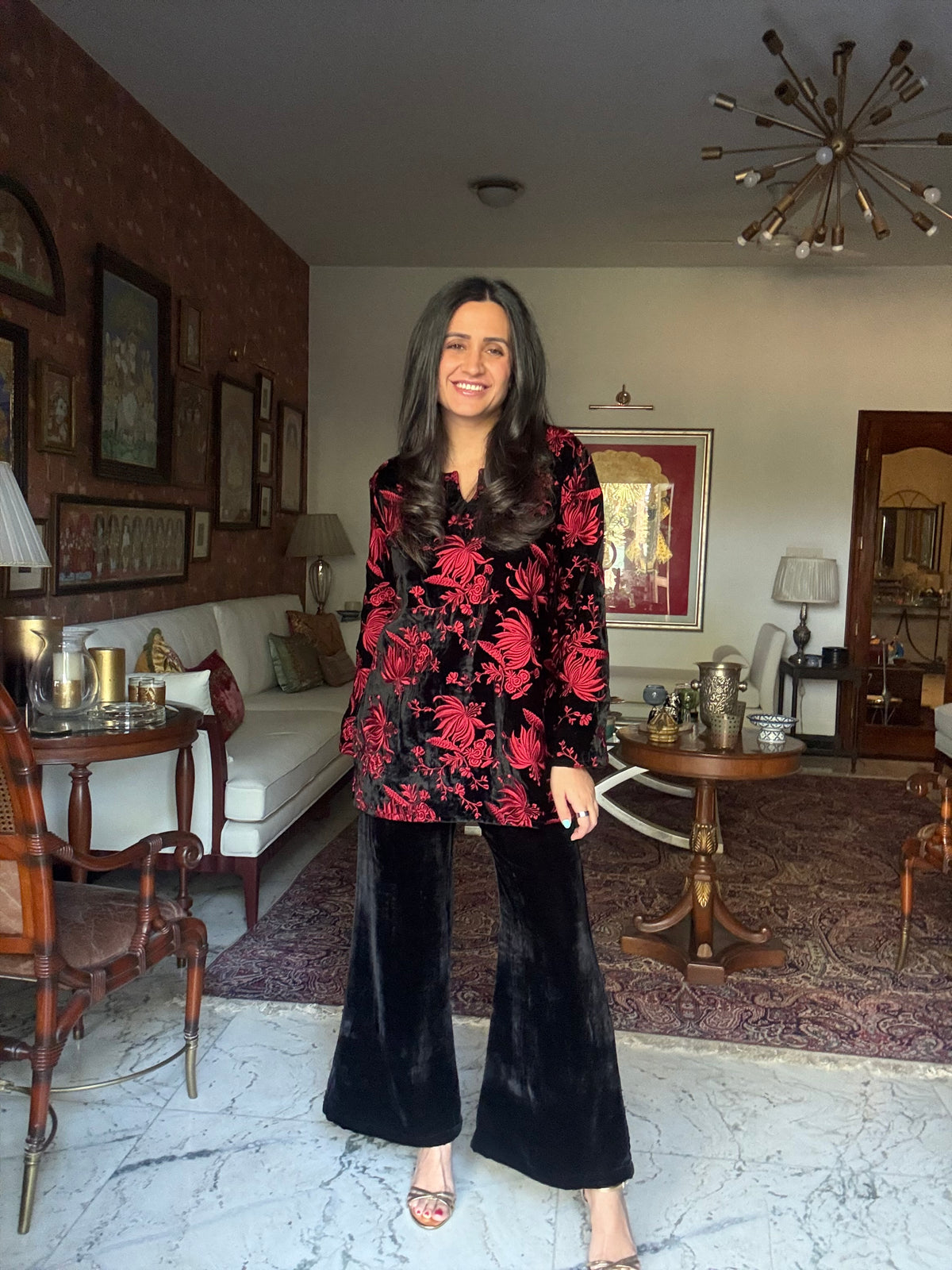 Red Embroidered Velvet Coord Set