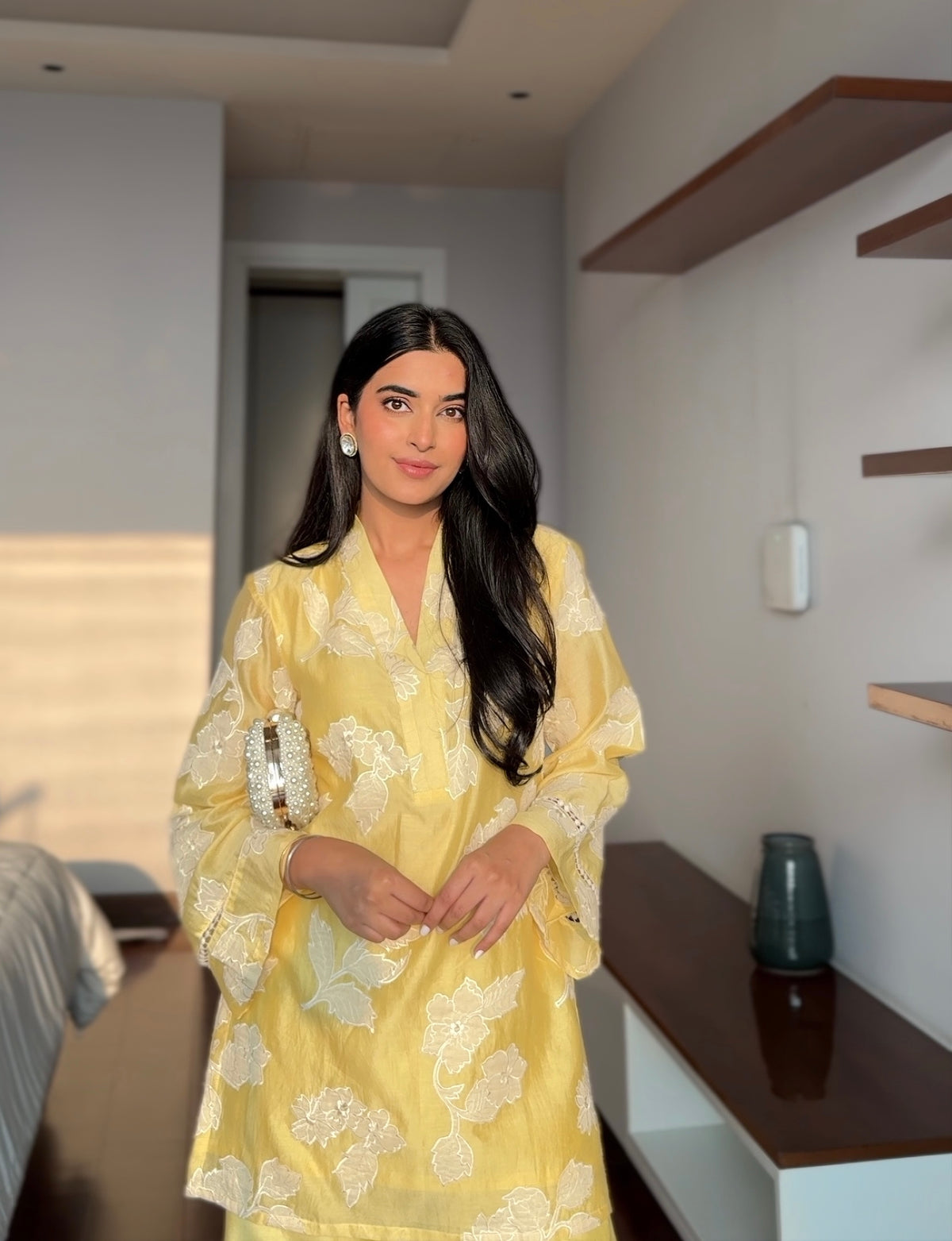 Yellow Cutwork Embroidery Floral Coord Set