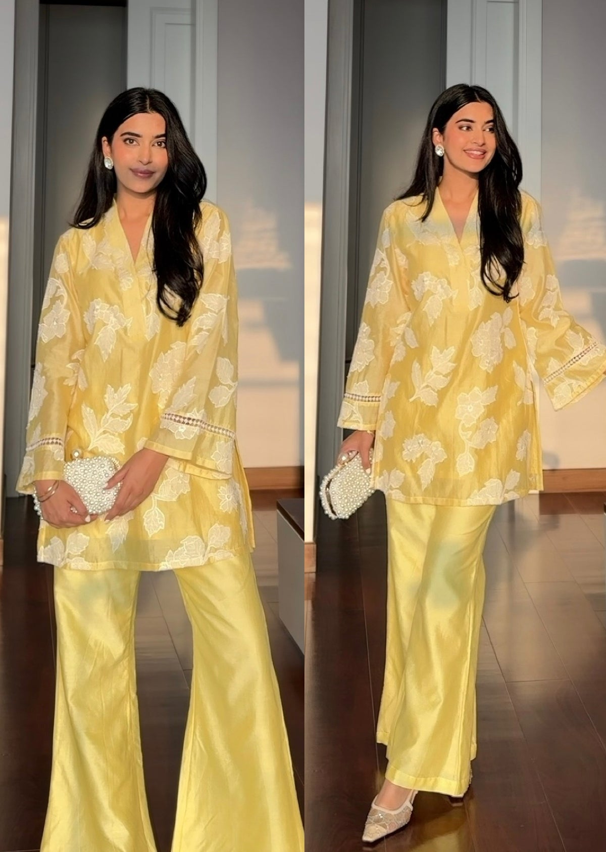 Yellow Cutwork Embroidery Floral Coord Set