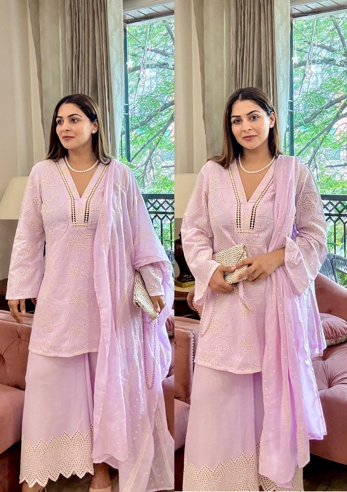Lavender Embroidered Cotton Suit Set