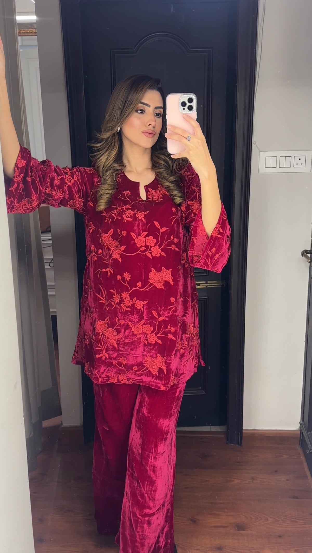 Maroon Embroidered Velvet Coord Set