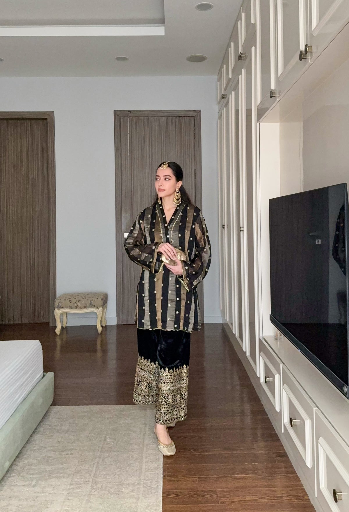 Black Stripes Coord Set with Velvet Pants