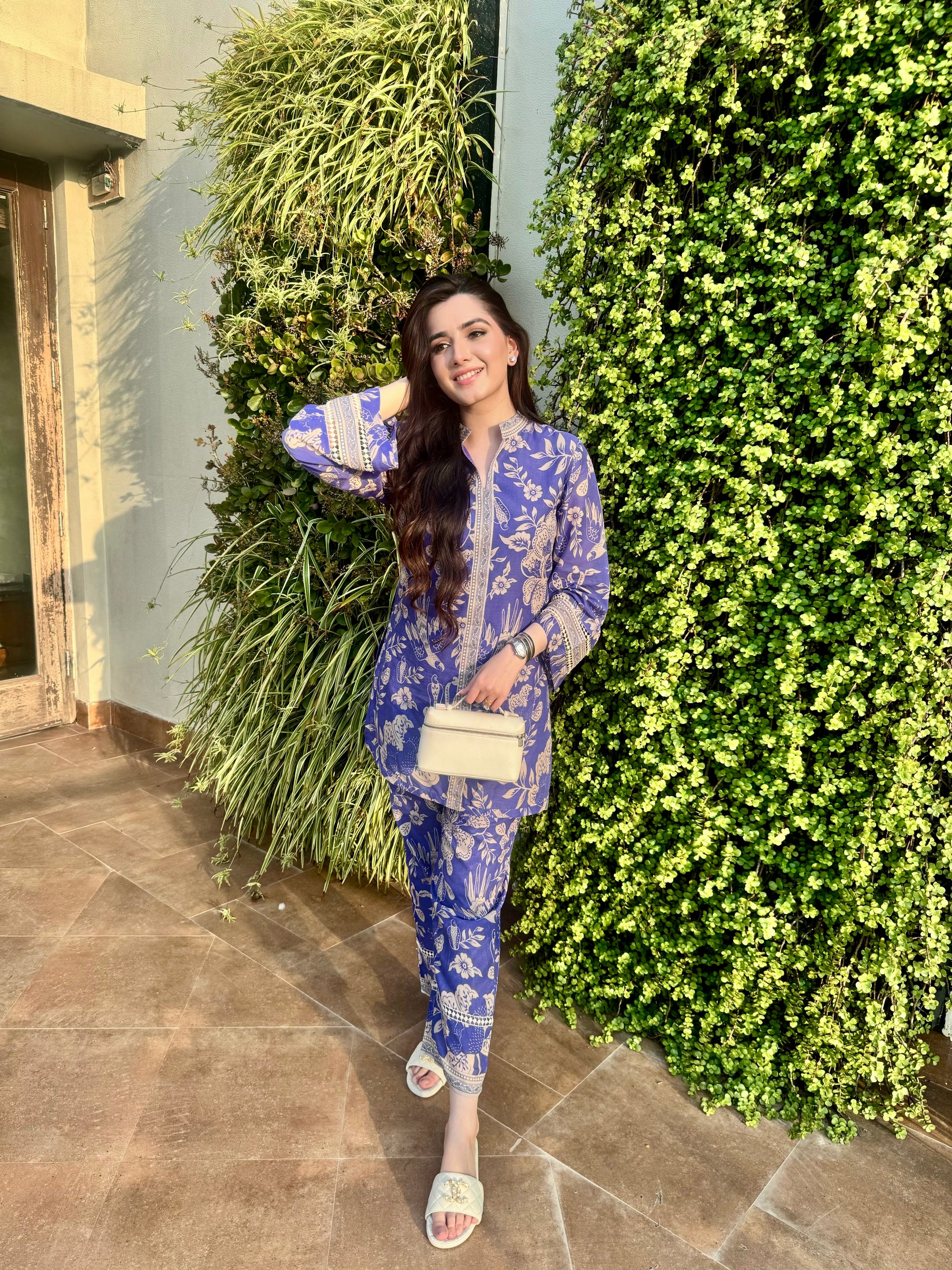 Blue Printed Cotton Kurta Pants Set