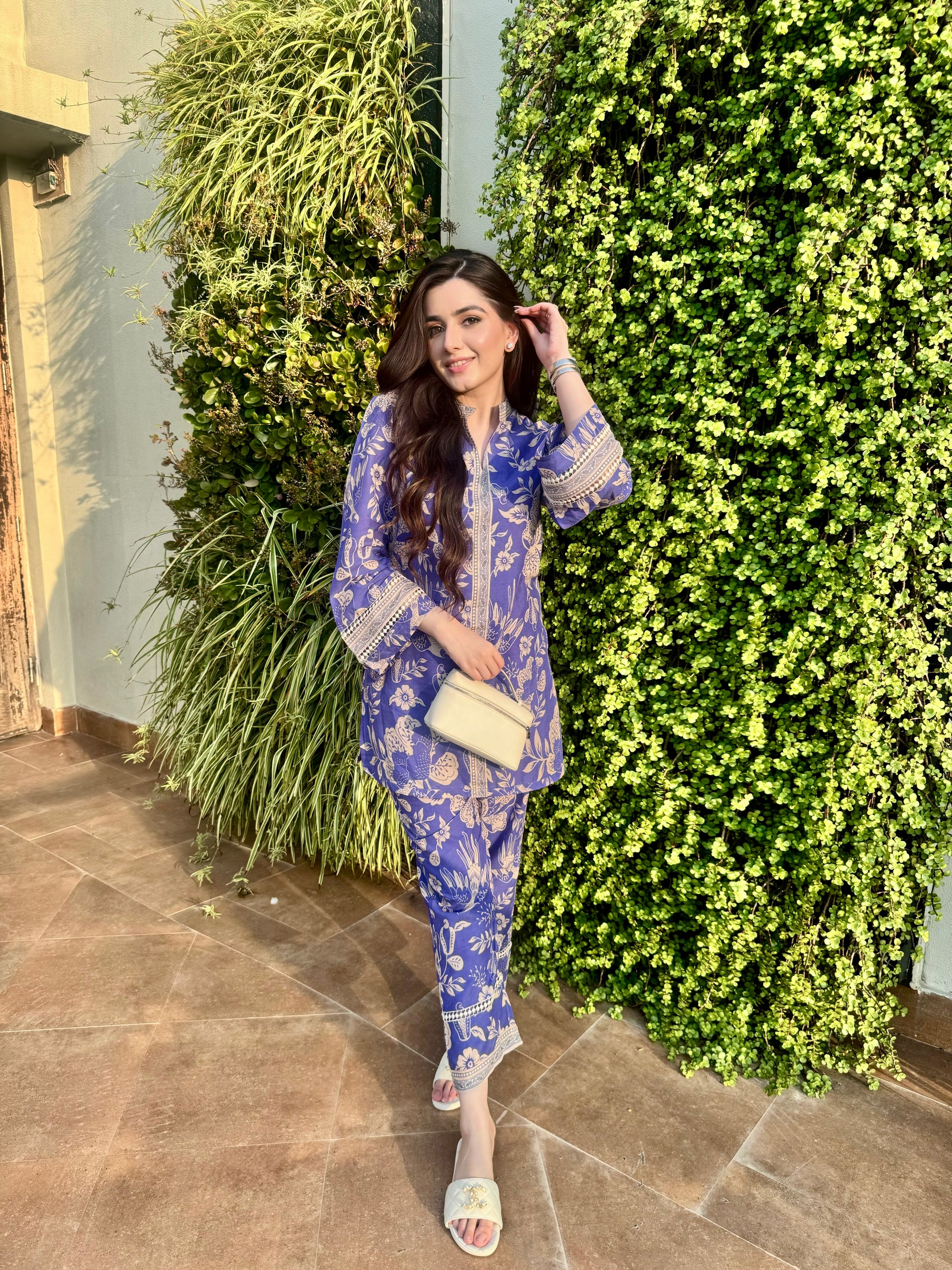 Blue Printed Cotton Kurta Pants Set