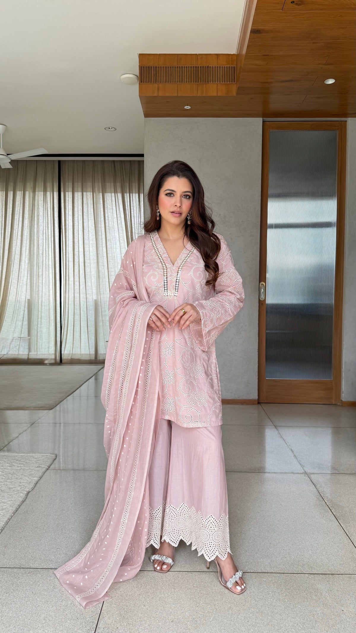 Peach Cutwork Three Piece Suit Set