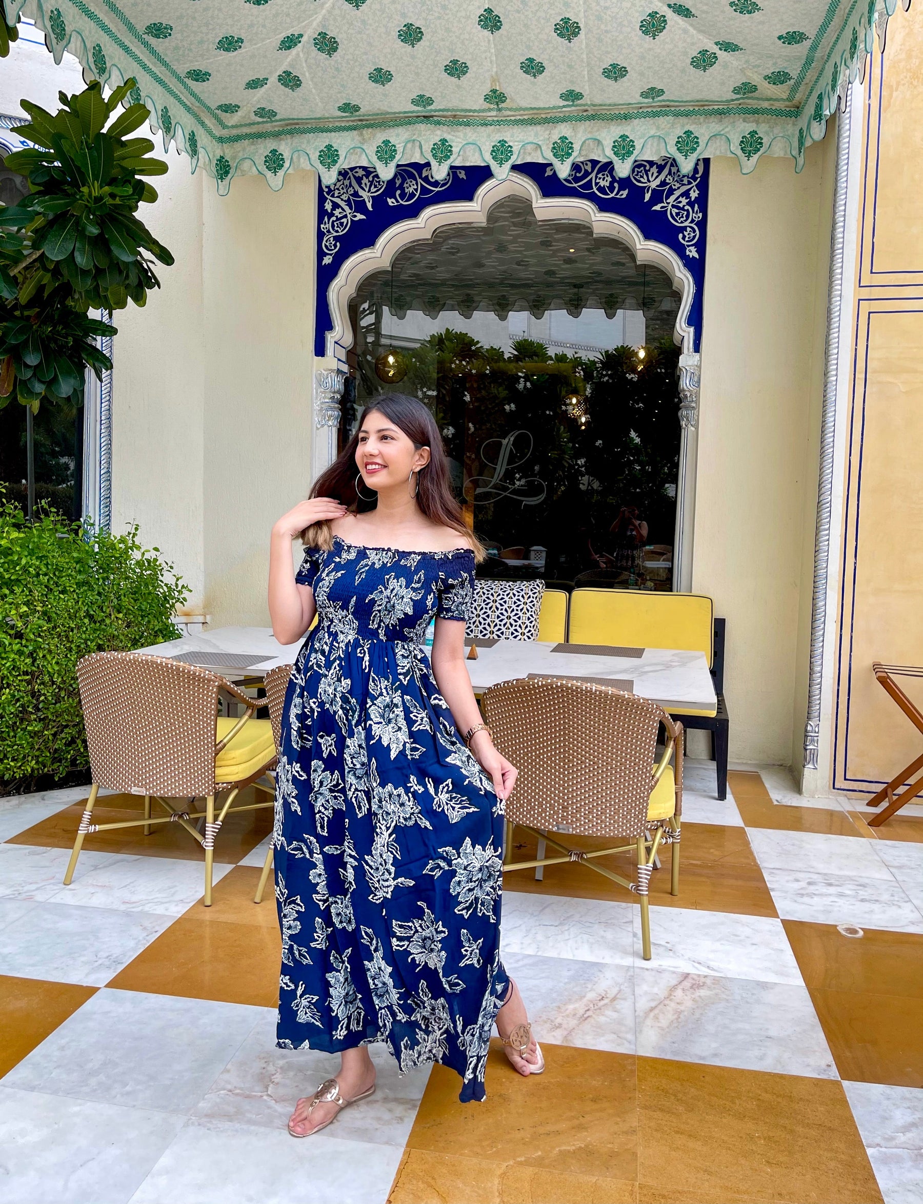 Blue Floral Off Shoulder Dress