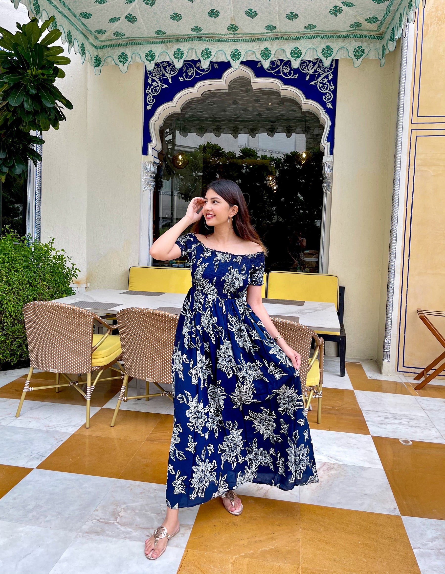 Blue Floral Off Shoulder Dress