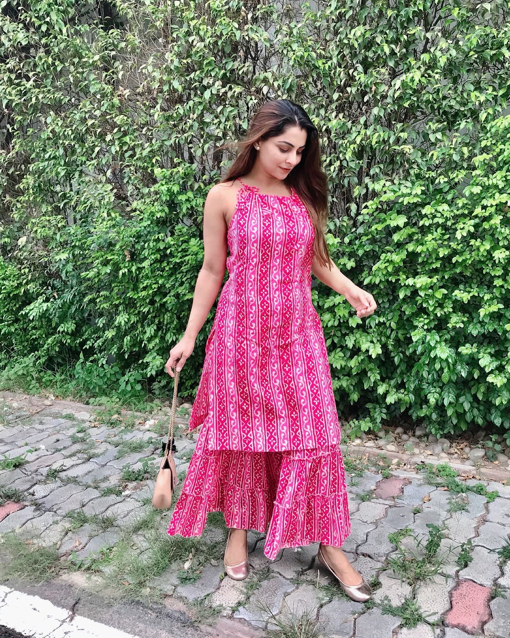 Pink Block Printed Kurta Sharara Set